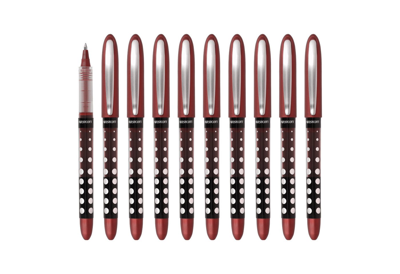 WESTCOTT Tintenroller Rot 10 Stück, Rollerball Pen mit roterTinte, 0,5 mm Strichstärke, (Vorteilspack, 10-tlg), transp. Füllstandsanzeige, Kapillartechnologie, ergonomischer Griff