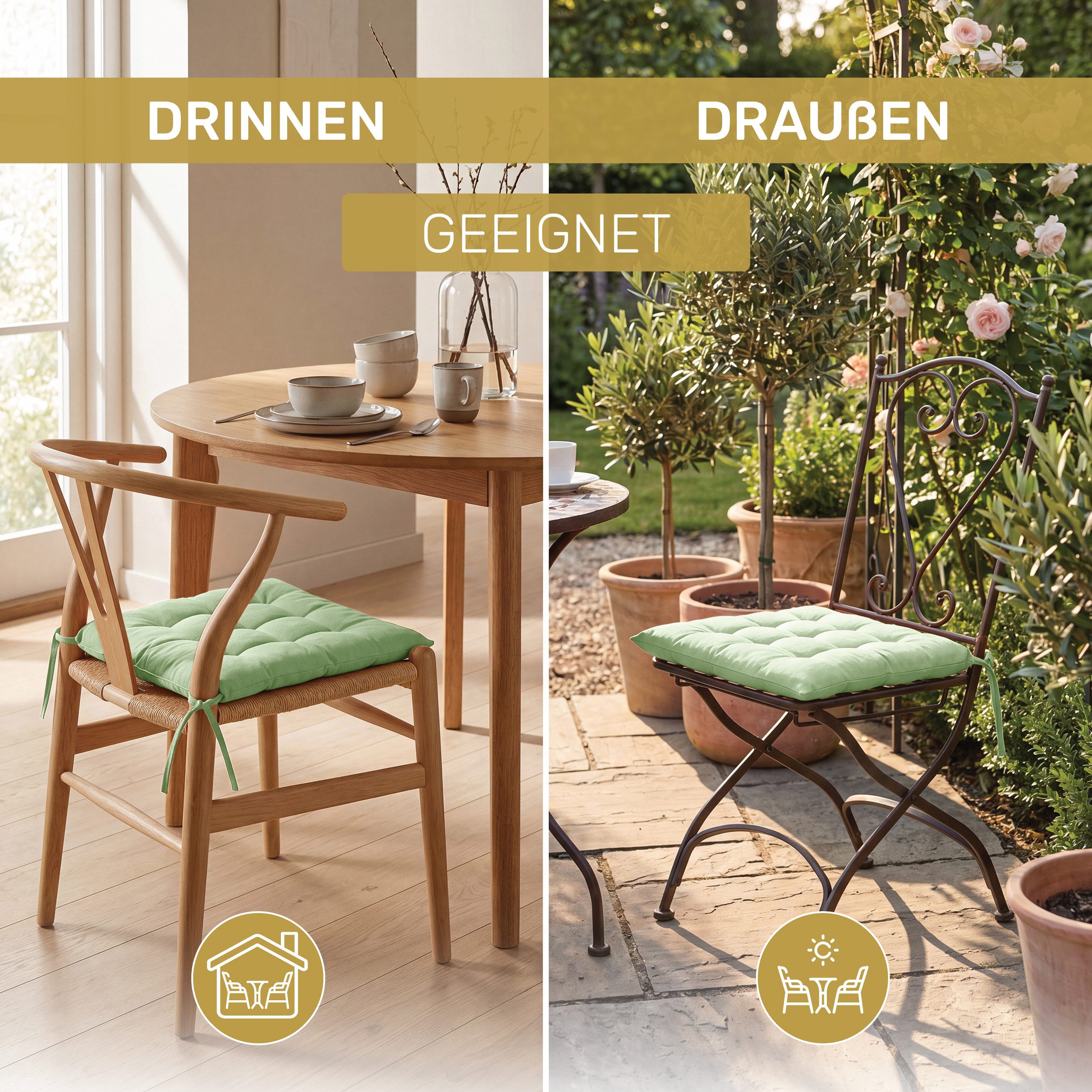 Lavea Stuhlkissen Lavea® Sitzkissen & Stuhlkissen 40x40 cm – 4er/8er Set, 40x40x3 cm, mit Stoffbändern, Indoor & Outdoor, für Garten & Balkon
