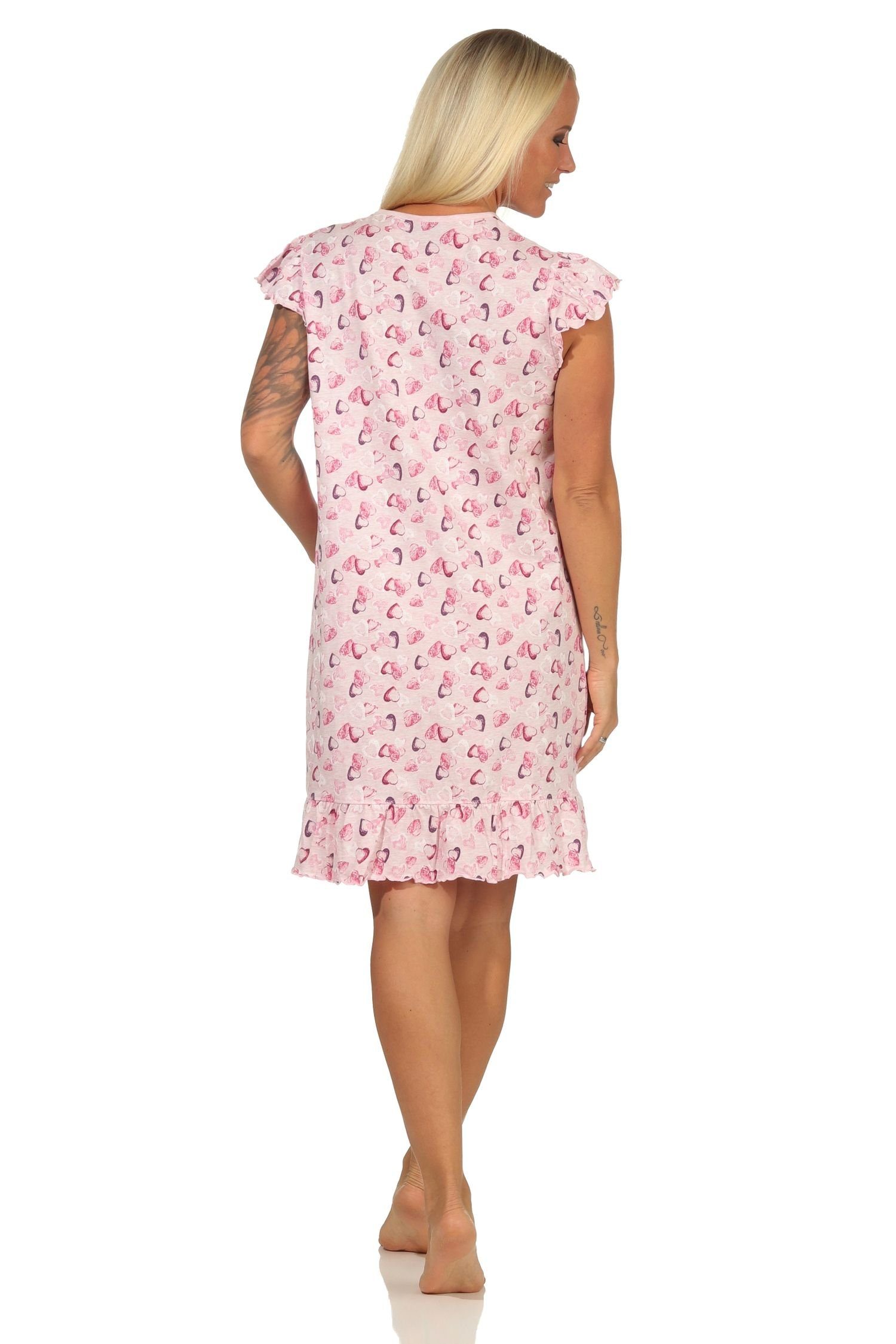 in Übergrössen Herzmotiv in Damen Nachthemd Melange-Optik rosa mit kurzarm – Normann auch Nachthemd