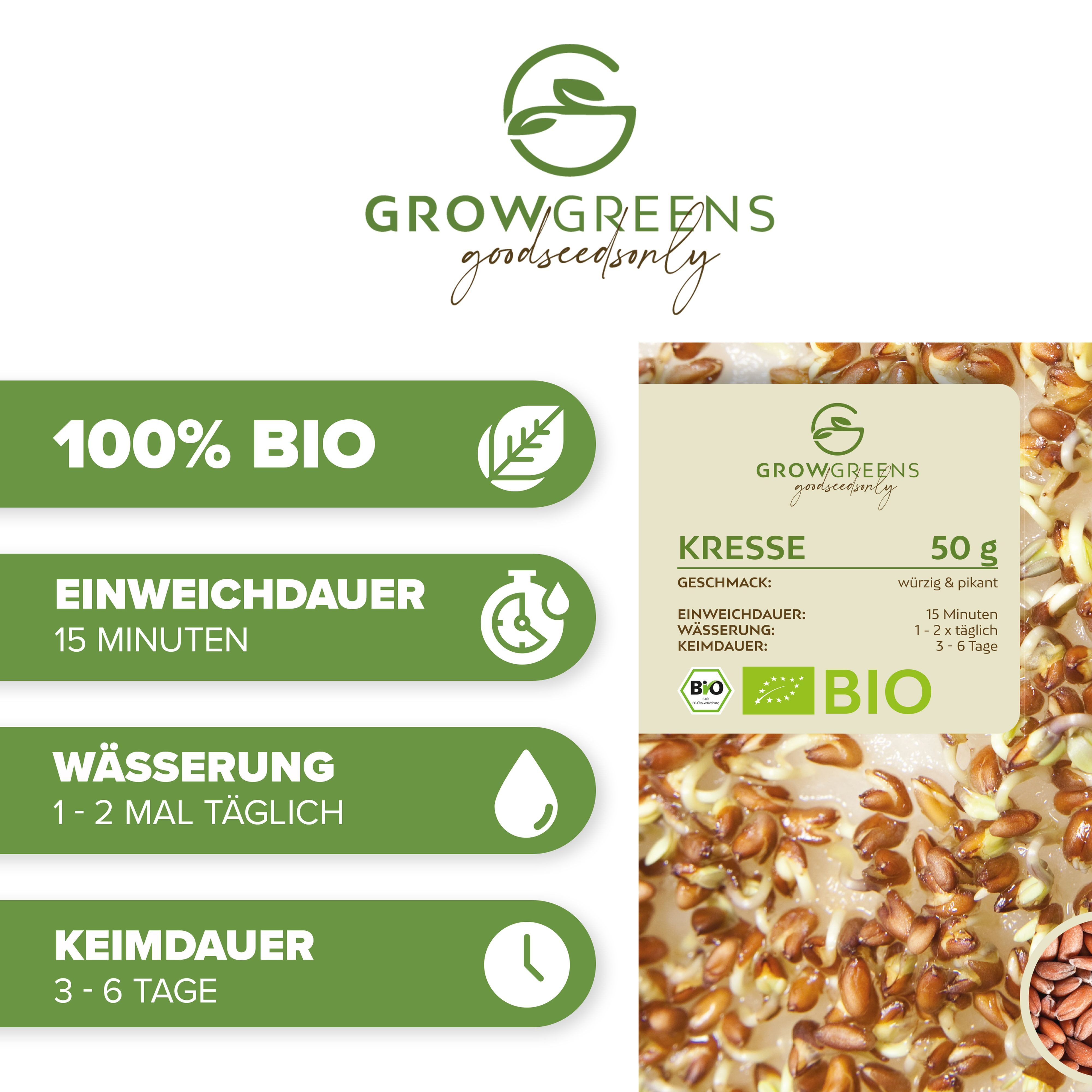 Growgreens Gemüsesamen BIO Kresse Sprossen Samen (50g) - Microgreens Saatgu günstig online kaufen