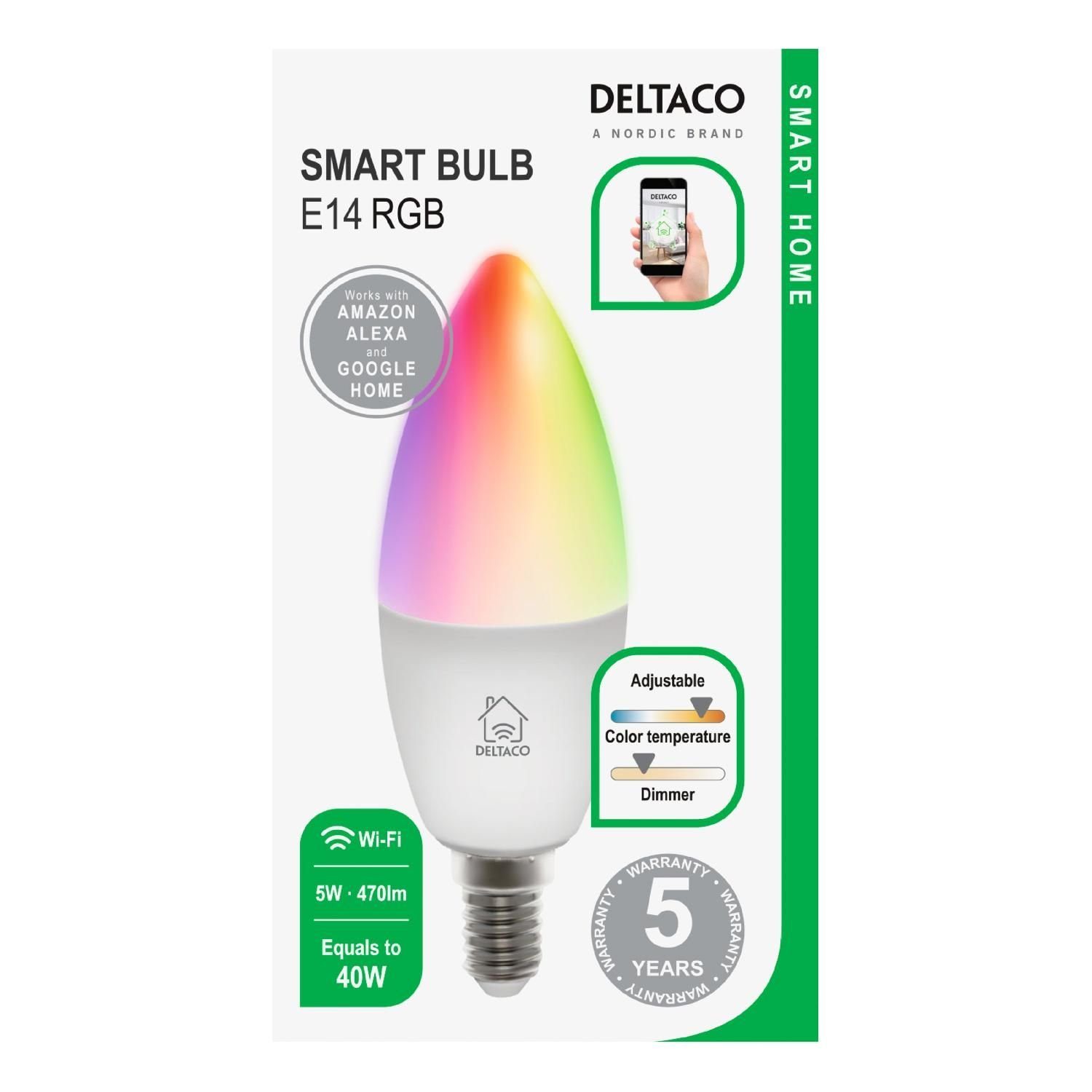 DELTACO SMART HOME 5 Smarte E14 5 St., inkl. Kerze, Watt, LED Jahre LED-Leuchtmittel RGB 1 E14, Herstellergarantie