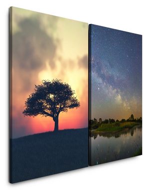 Sinus Art Leinwandbild 2 Bilder je 60x90cm einsamer Baum Sternenhimmel Sommernacht Horizont See Milchstraße Astrofotografie