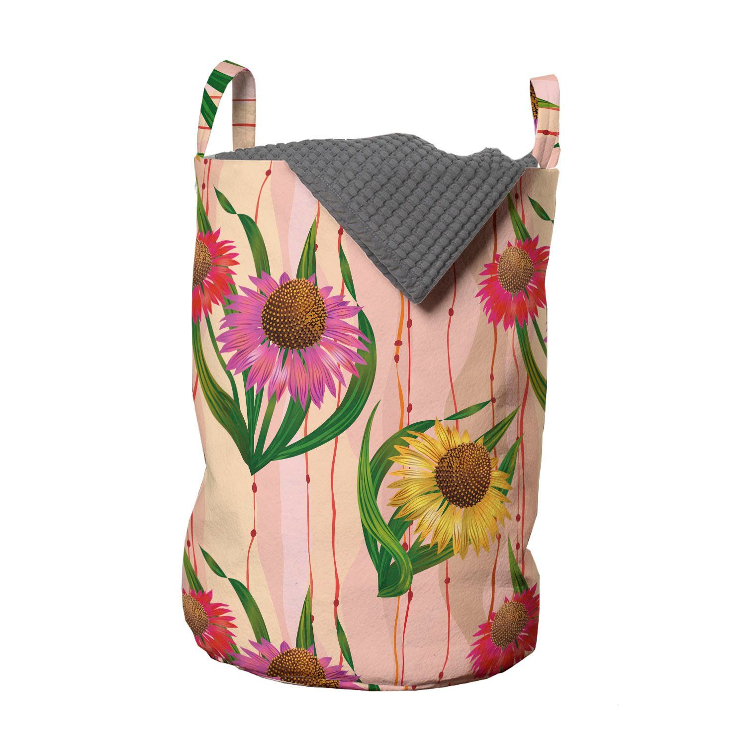 Abakuhaus Wäschesäckchen Wäschekorb mit Griffen Kordelzugverschluss für Waschsalons, Sonnenhut Botanik-Streifen Blumen