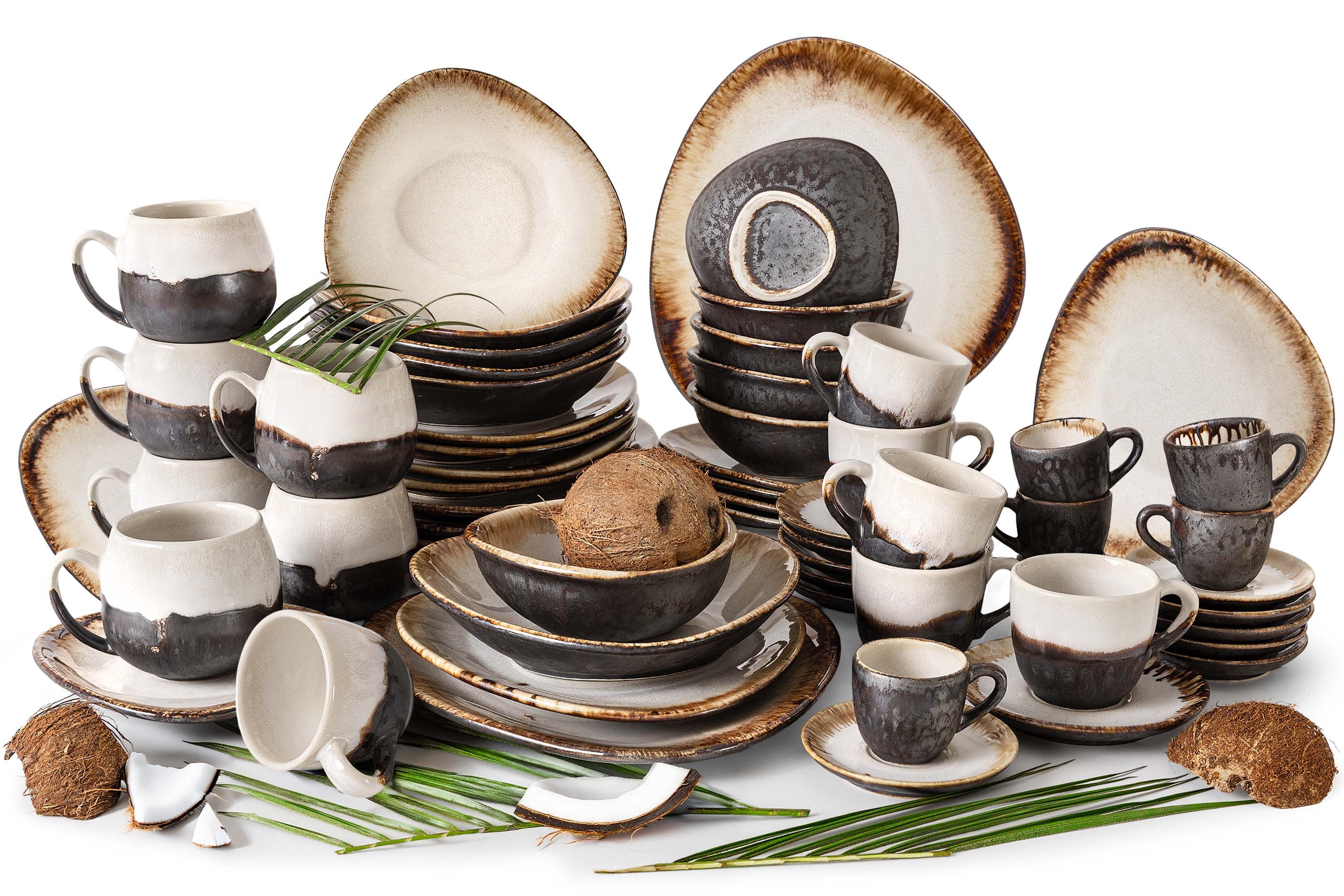 KONSIMO® Kombiservice PRIMA Tafelservice, Kaffeeservice, Premiumqualität aus EU (60-tlg), 6 Personen, Keramik, organisch Form, hochwertige Kunstproduktion, hellbeige/braun