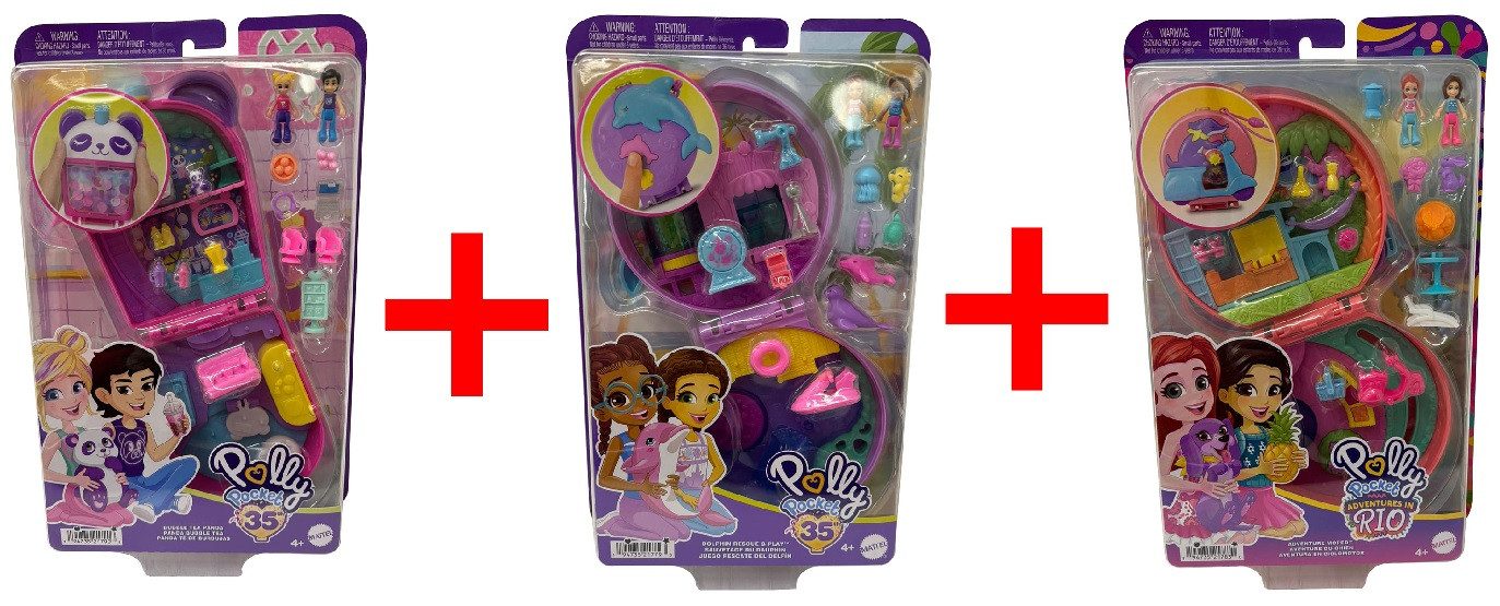 Polly Pocket Spielfigur 3er-Set Polly Pocket HWN9 Bubble Tea Panda Schatulle, HWN96 Delfin Ret