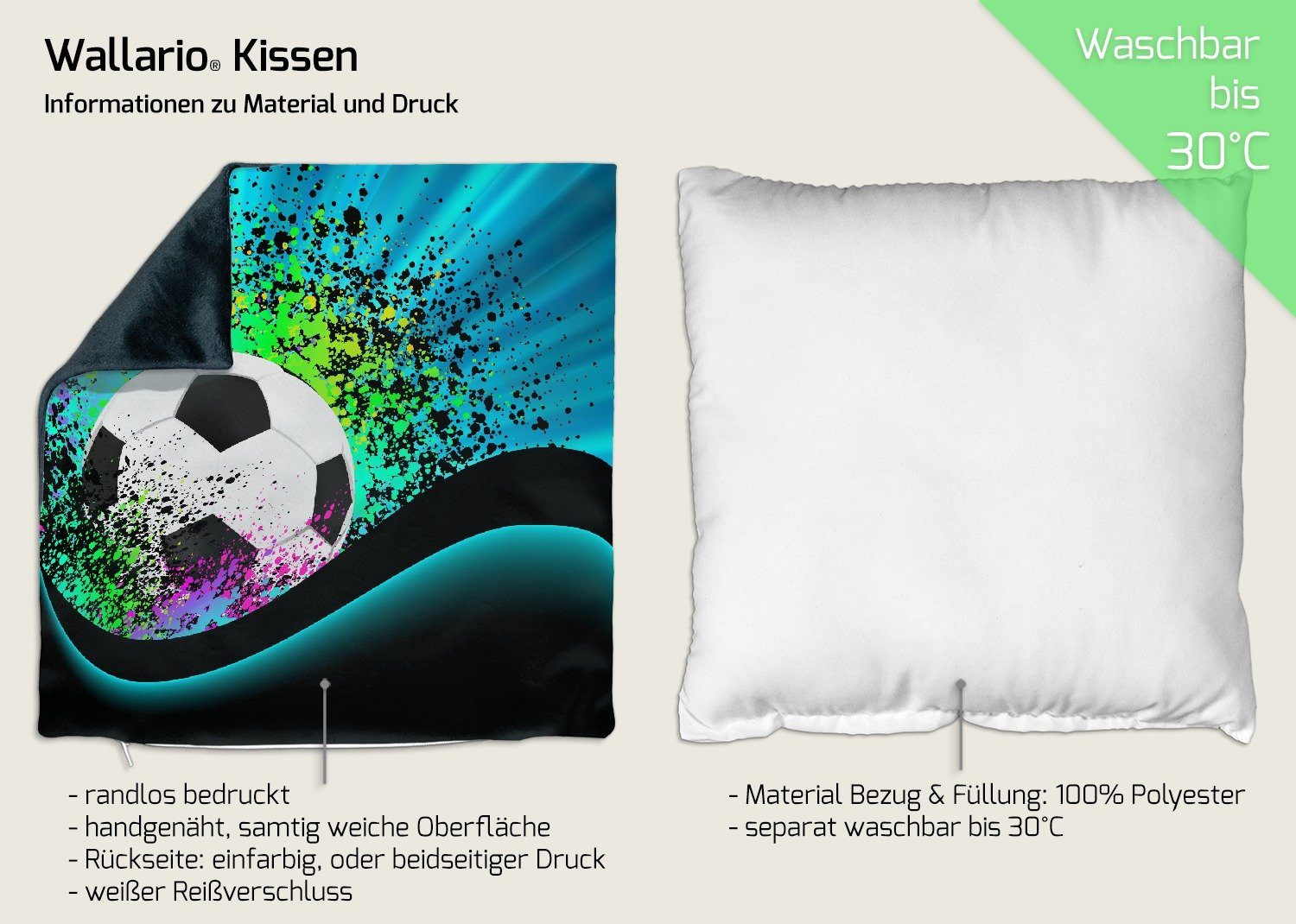 in Design Wallario Regenbogen Fußball handgenäht Wellen blau, - und Dekokissen