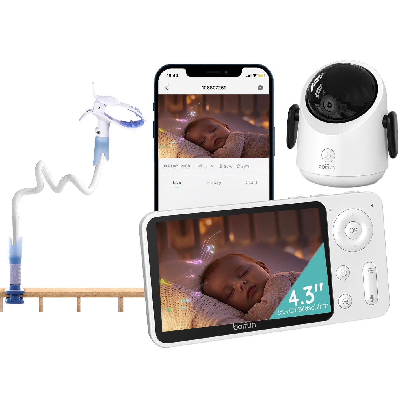 Video-Babyphone 2MP Babyphone mit Kamera 30 Stunden Akku mit 4,3 Zoll mit Halterung