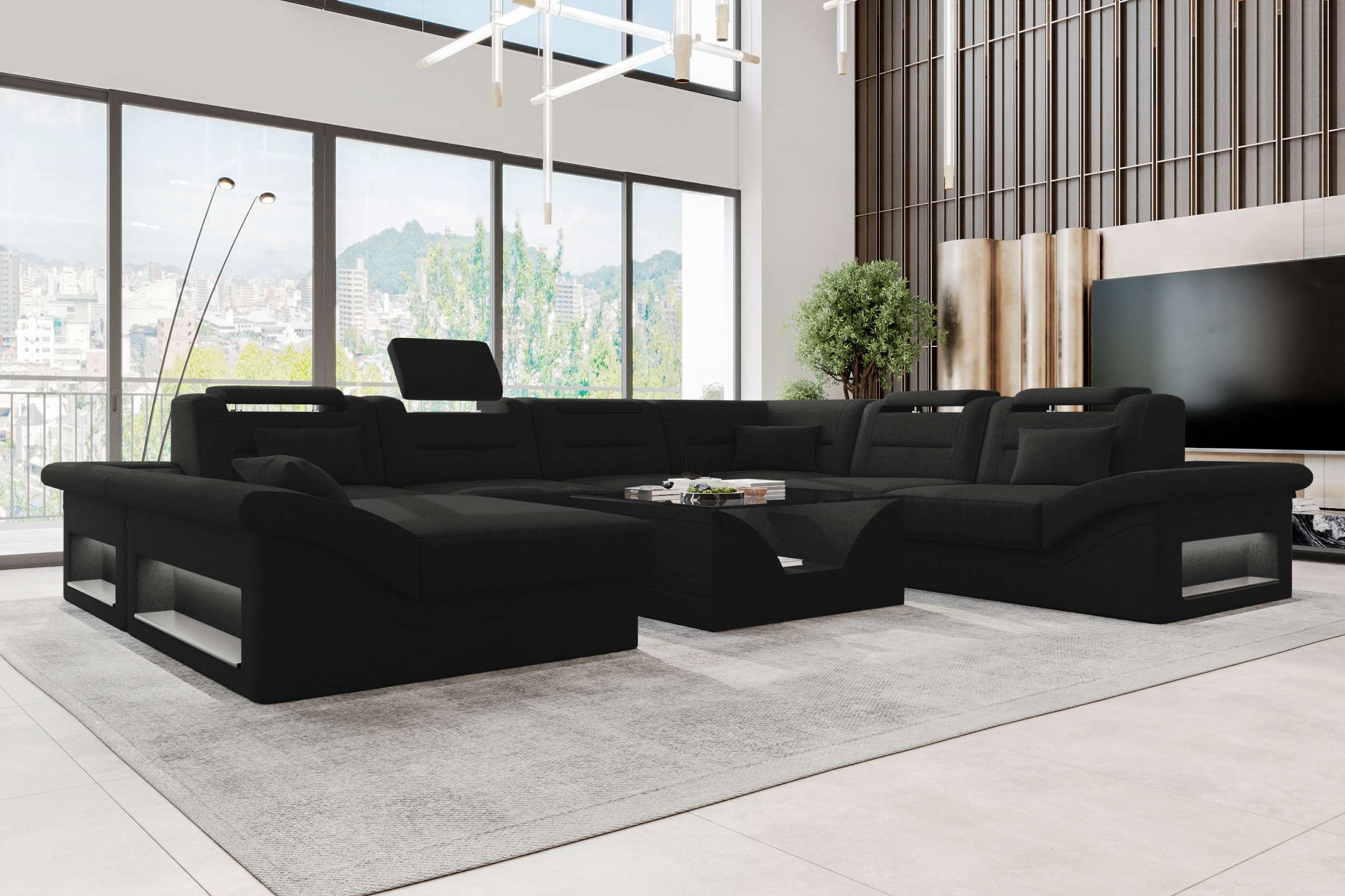 Sofa Dreams Wohnlandschaft XXL Wohnlandschaft Enzo Stoffsofa, Wohnlandschaft, U-Form, Polster Couch in U-Form mit LED, 2 Zierkissen inklusive