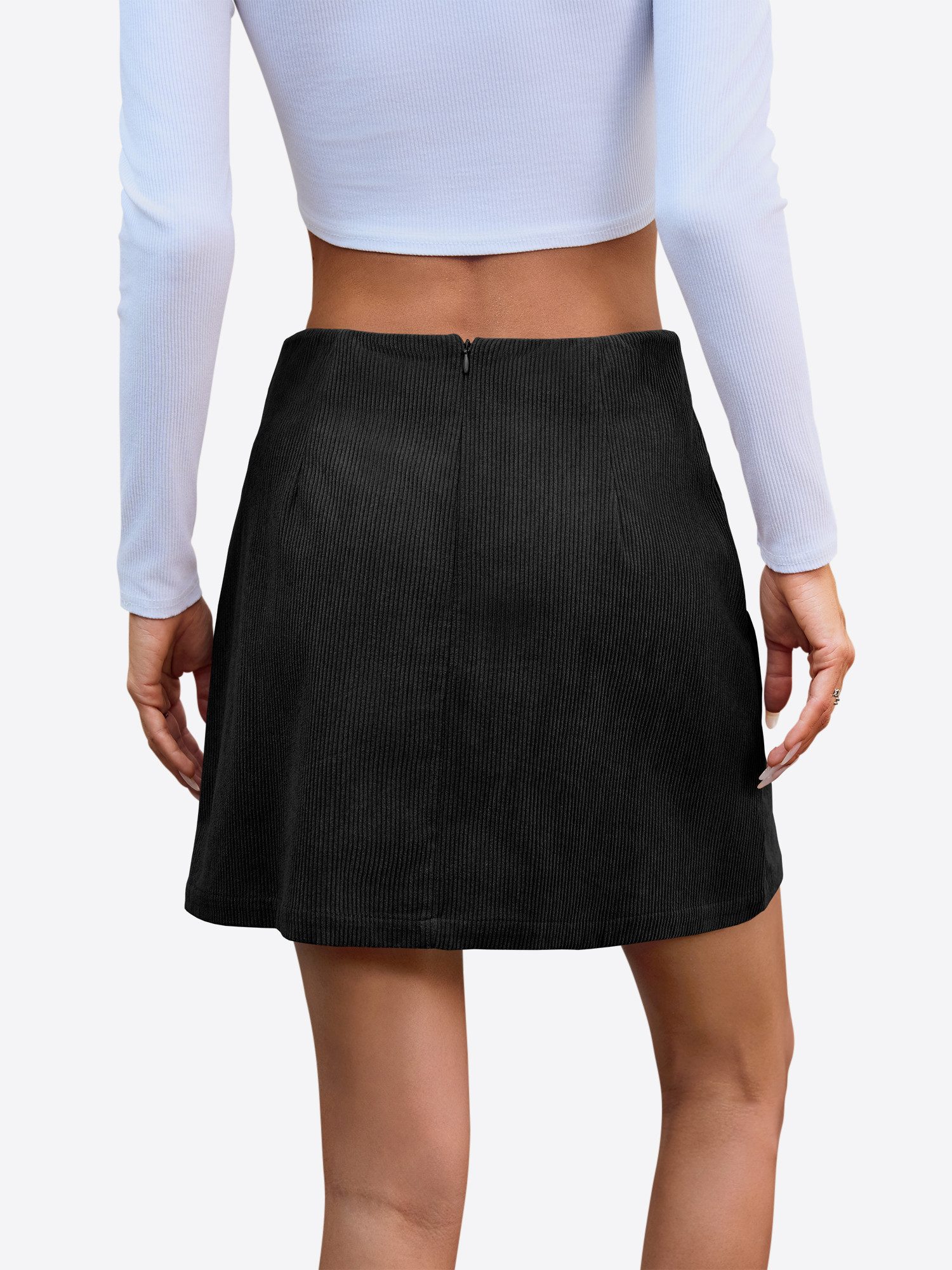 Imily Bela Cordrock Damen Minirock High-Waist seitlicher Schlitz A-förmig figurbetonend (Packung, 1-tlg., 1per-Pack) in Unifarbe Reißverschluss