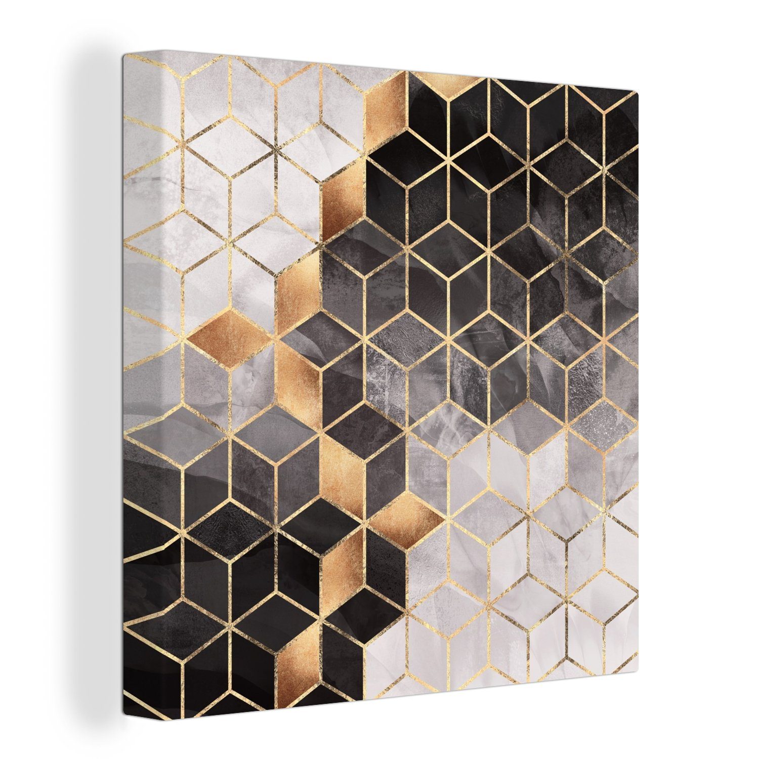 OneMillionCanvasses® Leinwandbild Abstrakt - Würfel - Gold - Muster - Schwarz - Weiß, (1 St), Leinwand Bilder für Wohnzimmer Schlafzimmer