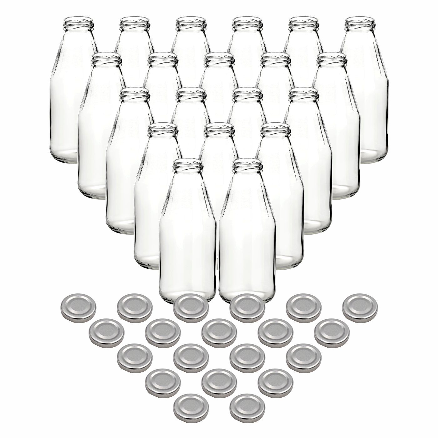 gouveo Trinkflasche Saftflaschen 500 ml mit Schraub-Deckel - Kleine Flasche 0,5 l, 20er Set, silberfarben