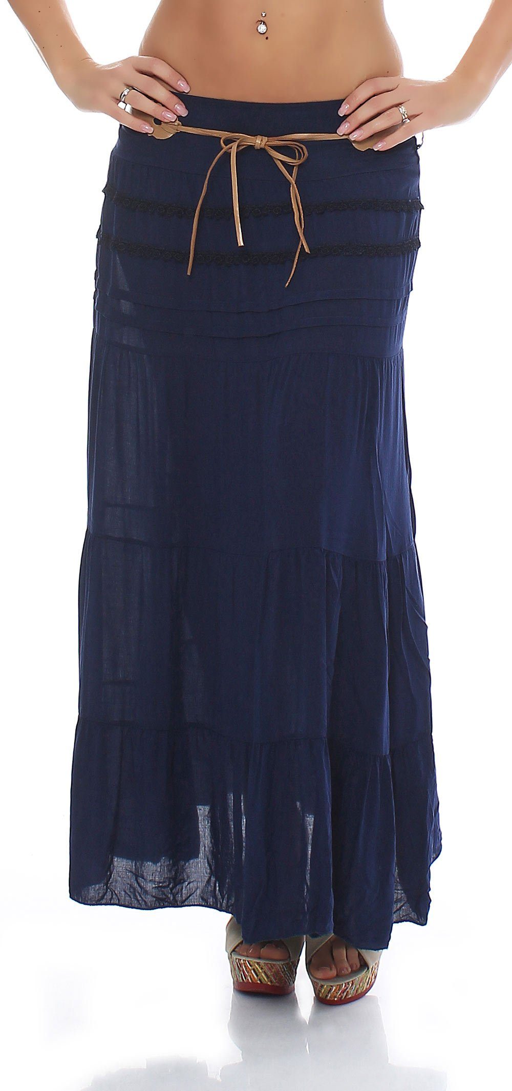 malito more than fashion Sommerrock malito Damen Maxi Rock mit Strickmuster, langer Rock mit Gürtel, luftiger Maxirock