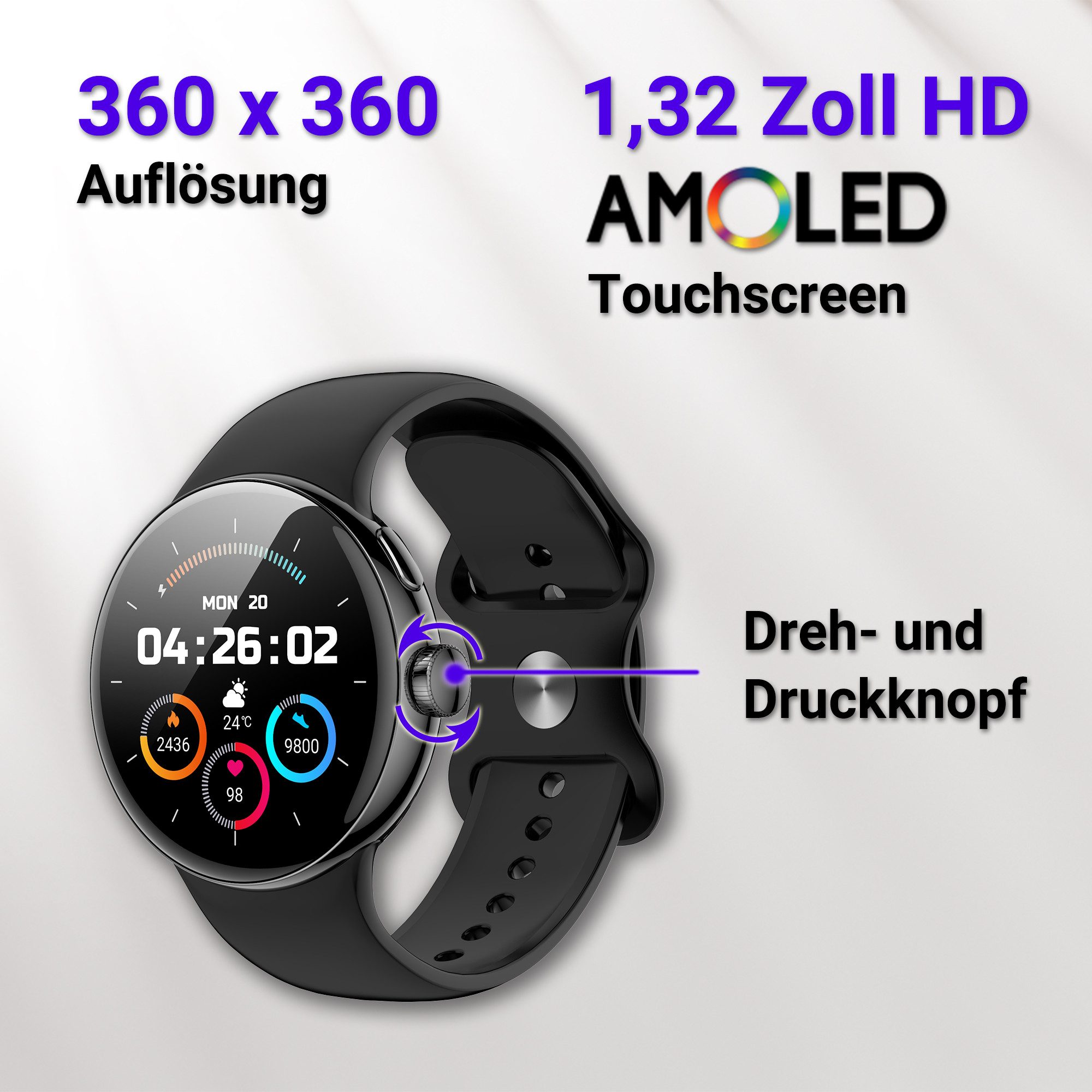 XINJI N2 - Smartwatch Bluetooth Touchpanel Puls-/HRV-/O2-Messung App Fitnessuhr (3.35 cm cm), Ladekabel, Kurzanleitung, Smartwatch, Leicht, komfortabel, alltagstauglich und für Fitness optimal ausgelegt