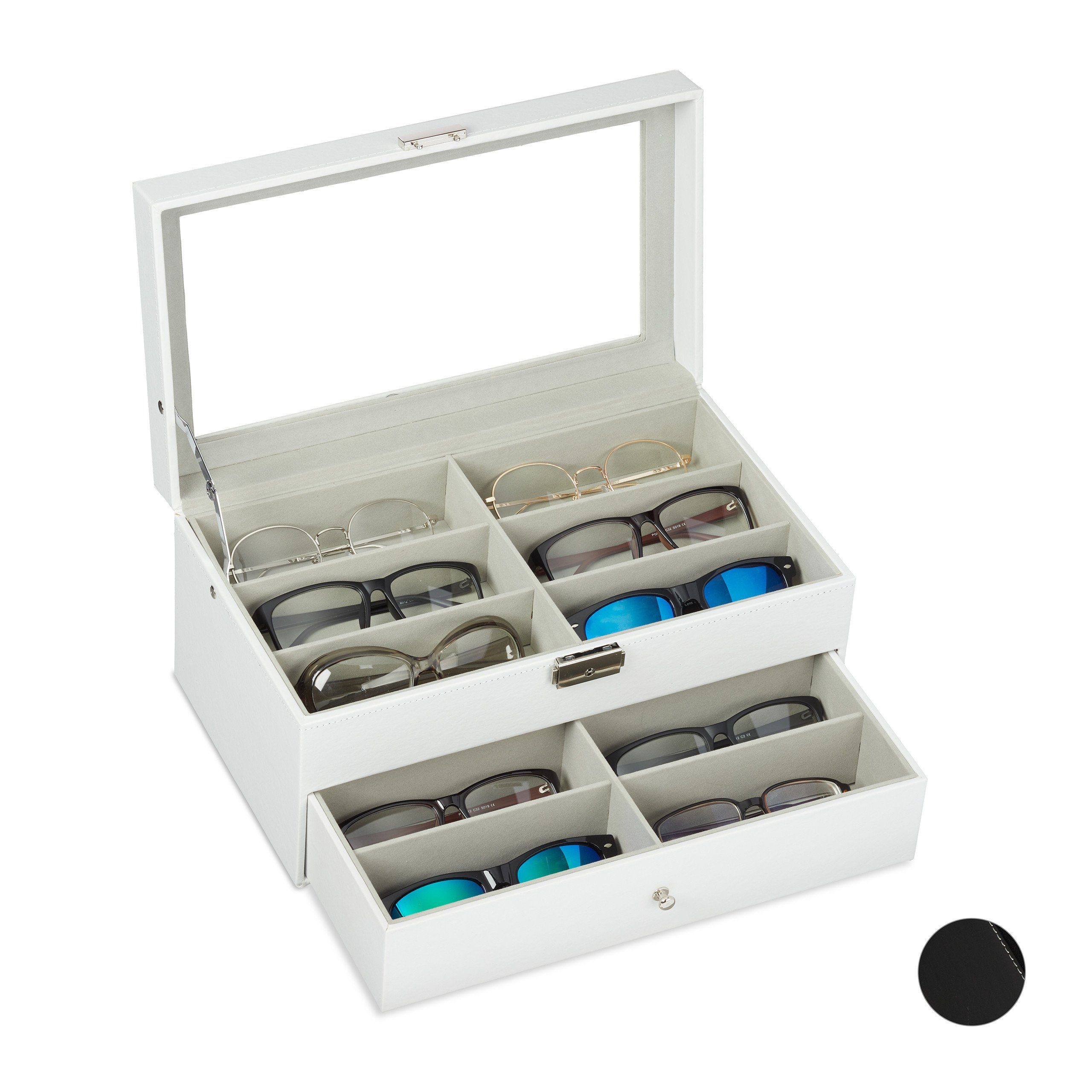 relaxdays Brille Brillenbox für 12 Brillen, Weiß Weiß Grau Transparent