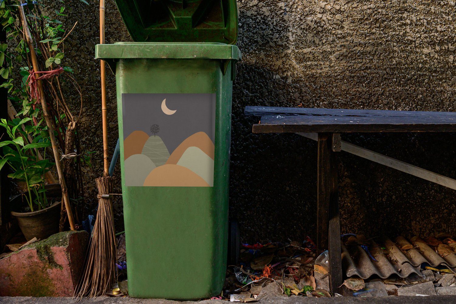 MuchoWow Wandsticker Berg - Baum (1 Mülleimer-aufkleber, - Mond Sticker, St), - Mülltonne, Container, Pastell Abfalbehälter