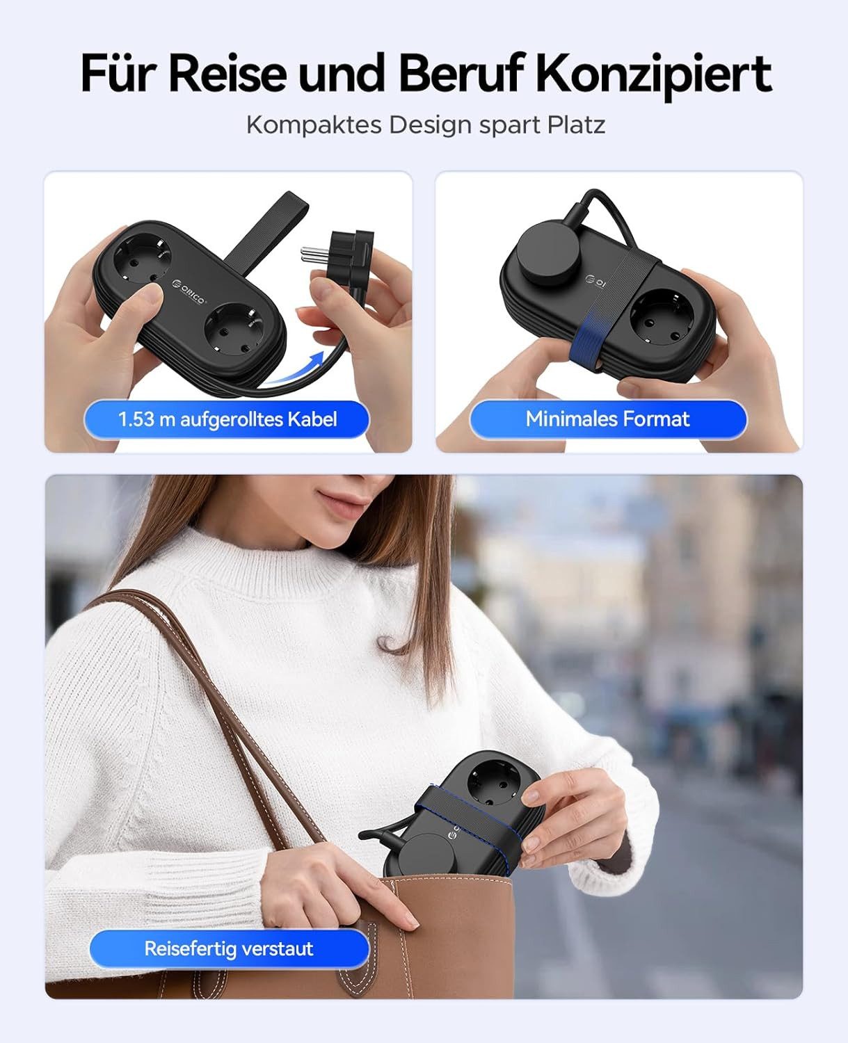 ORICO Steckdose AP3 20W Reisesteckdosenleiste mit USB-C PD, 1,5 m Kabel – kompakt für Reise & Home Office, 1-St., 2 Steckdosen & 3 USB-Anschlüssen, für Haushalt – Bild 5 von 5