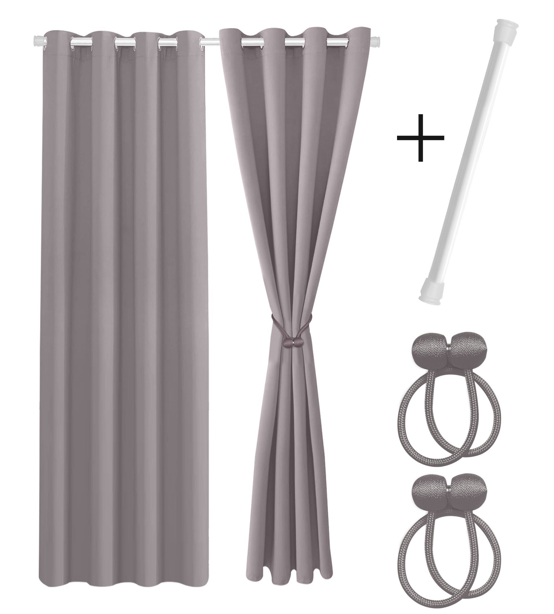 Vorhang Set mit 2x Gardine + 2x Vorhanghalter + 1x Gardinenstange ohne Bohren
