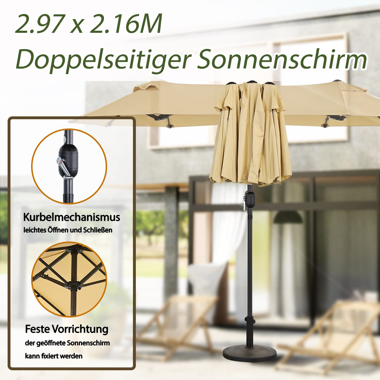 Angel Living Sonnenschirm Doppelsonnenschirm Marktschirm Gartenschirm Terrassenschirm, Sonnenschutz UV50+, 297 x 153cm