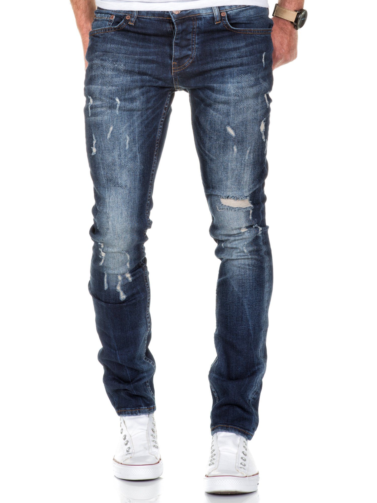 Amaci&Sons Slim-fit-Jeans FRESNO Slim Jeans Hose Destroyed Basic Fit Destroyed Dunkelblau Slim Herren Denim Regular