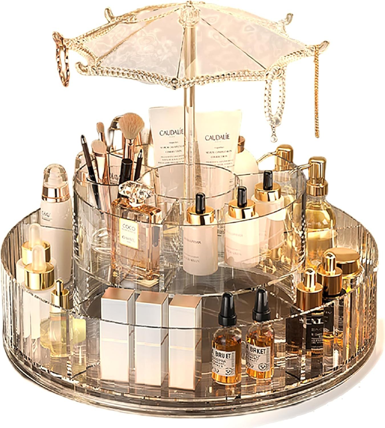 KARLE Make-Up Organizer 360° drehbarer Parfüm-Organizer, Abnehmbare Make-up-Arbeitsplatte, 2-stufiges Bürstenhalter-Kosmetikregal für den Waschtisch, 1-tlg., für Hautpflege-Lippenstifte, Lotionen und Augenbrauenstifte, Ring-Halsketten-Aufbewahrungsbox, Geschenk für Frauen