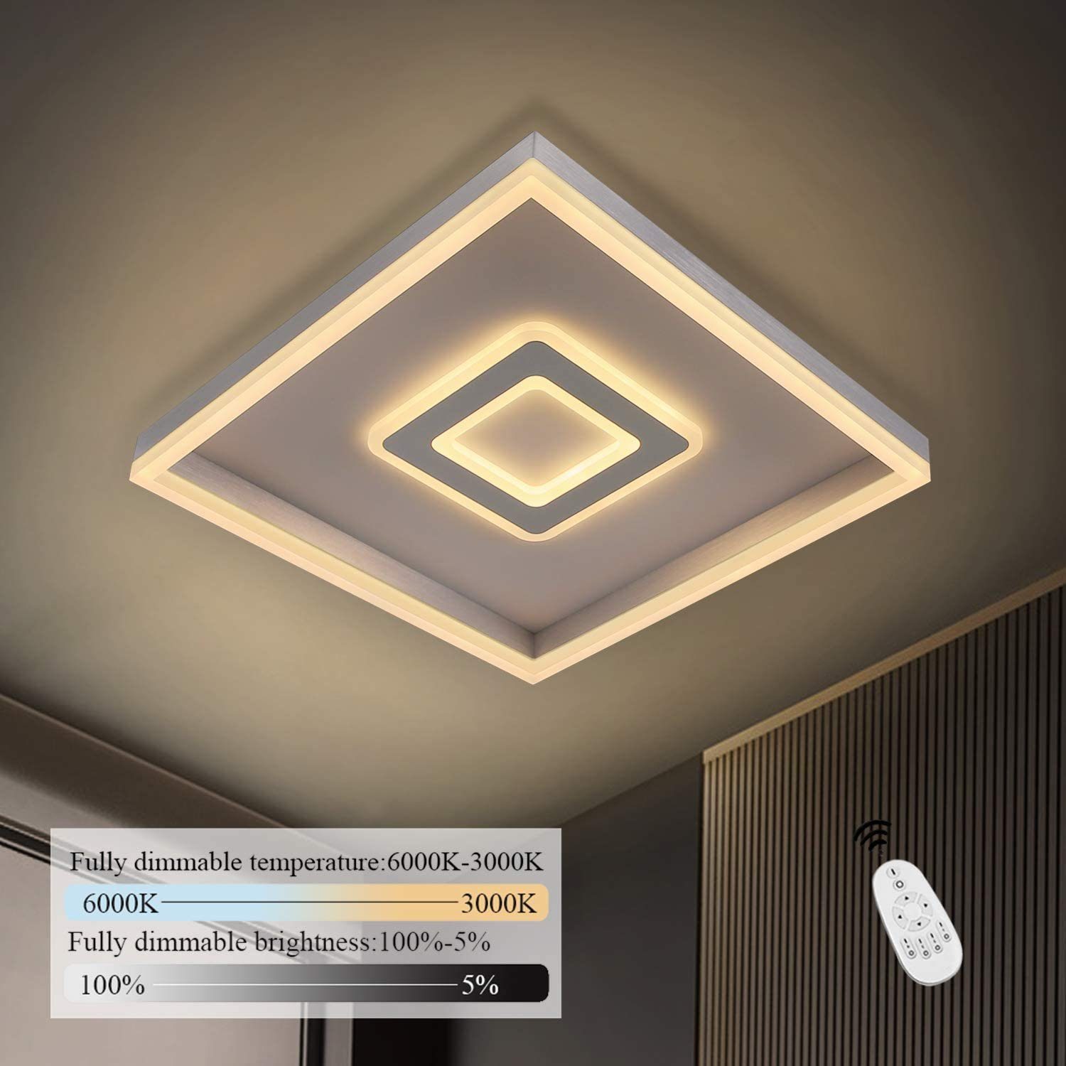 ZMH Deckenleuchte LED Deckenlampe dimmbar mit Fernbedienung Silber  Quadrat-Design für Schlafzimmer Wohnzimmer Küche, LED fest integriert,  Warmweiß