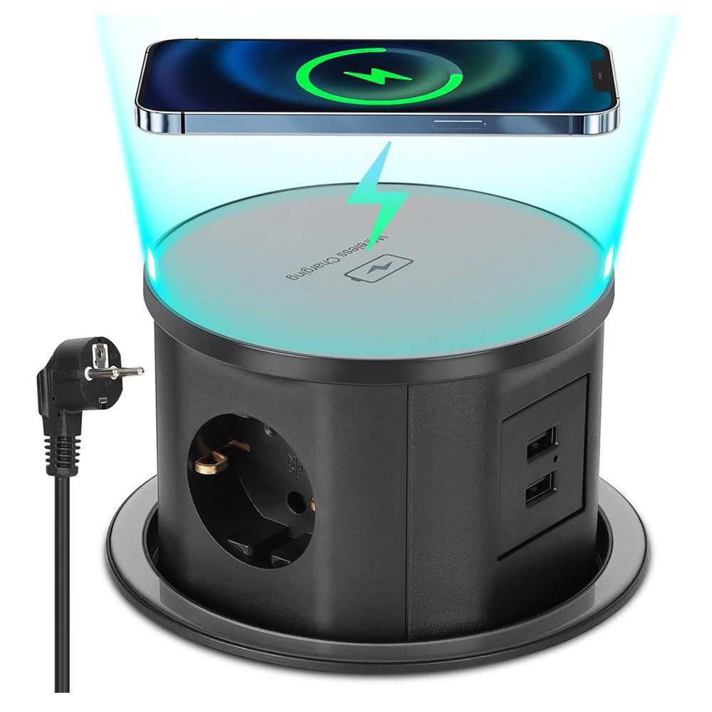 XERSEK Versenkbare Einbausteckdose Tischplatte Einbau-Tischsteckdosenleiste Einbau-Tischsteckdosenleiste (Kabellänge 1.8 m), 3-fach 2 USB A (inkl. Netzteil), Softöffnung Schutzkontaktstecker