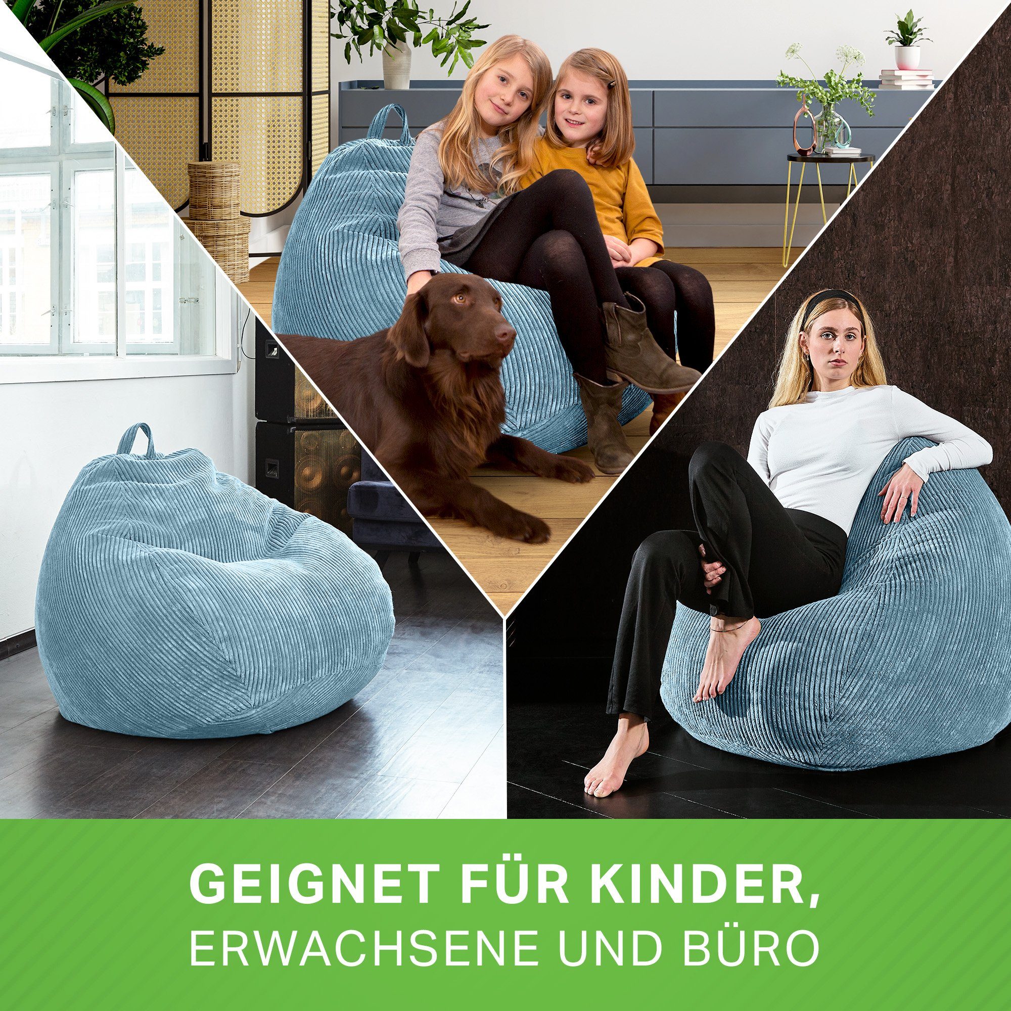 Liegekissen 90x110cm Sitzhocker EPS-Perlen Waschbar Sitzkissen), Kuschelig Kinder - Bodenkissen Hellblau Relax-Sessel (Indoor Bean Stoff Weich Cord Scoop Sitzsack Sitzsack Erwachsene Green Drinnen & Füllung Cordstoff,