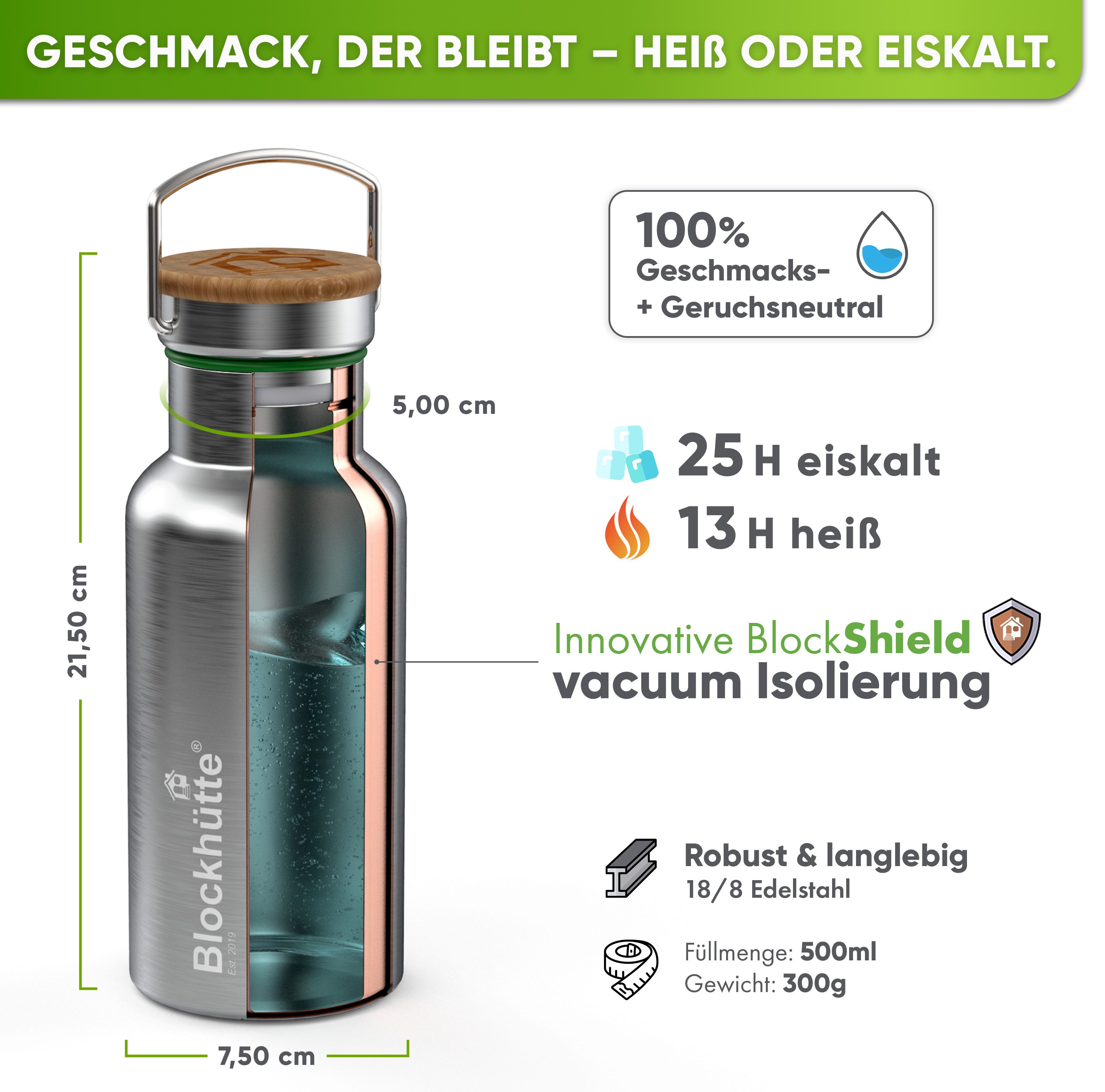 Blockhütte Isolierflasche Blockhütte Trinkflasche - 500ml, Vakuumisoliert, Vakuumisoliert, 24 Stunden kalt, 12 Stunden heiß