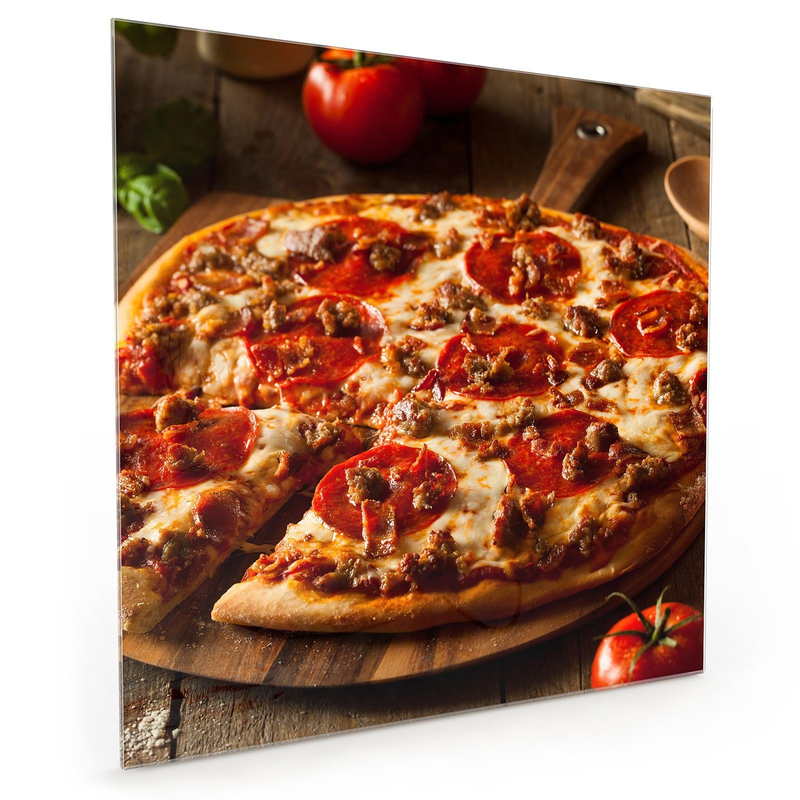 Primedeco Küchenrückwand Spritzschutz Glas Pizza auf Holzplatte
