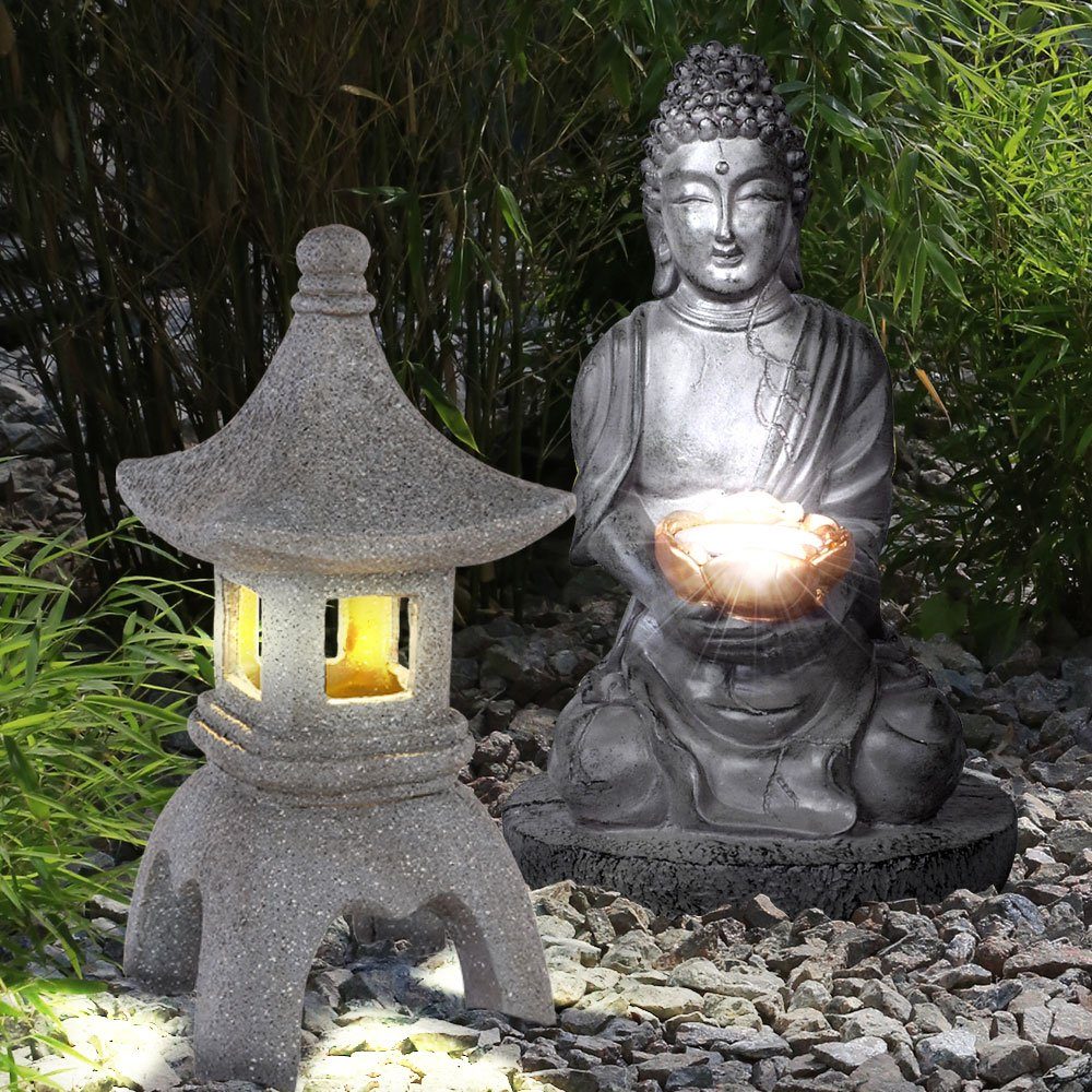 etc-shop Gartenleuchte, Solar Buddha für Außen Japanische Stein Laterne  Pagode Garten Terrasse Buddha Solar Leuchte, grau, 1x LED