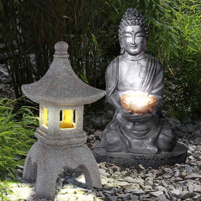 etc-shop Gartenleuchte, LED-Leuchtmittel fest verbaut, Warmweiß, Solar Buddha für Außen Japanische Stein Laterne Pagode Garten Terrasse