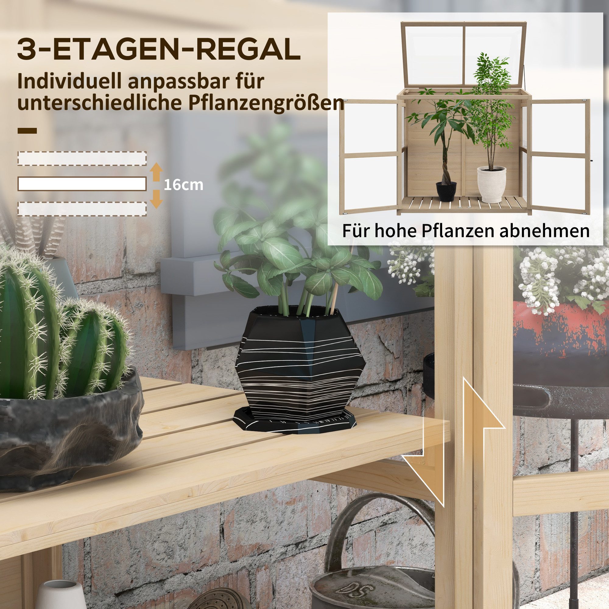 Outsunny Hochbeet Frühbeet aus Holz Gewächshaus mit Doppeltür, Dachfenster (Treibhaus, 1 St., Anzuchtbeet), für Garten, Balkon, Natur, 103 x 61 x 103 cm
