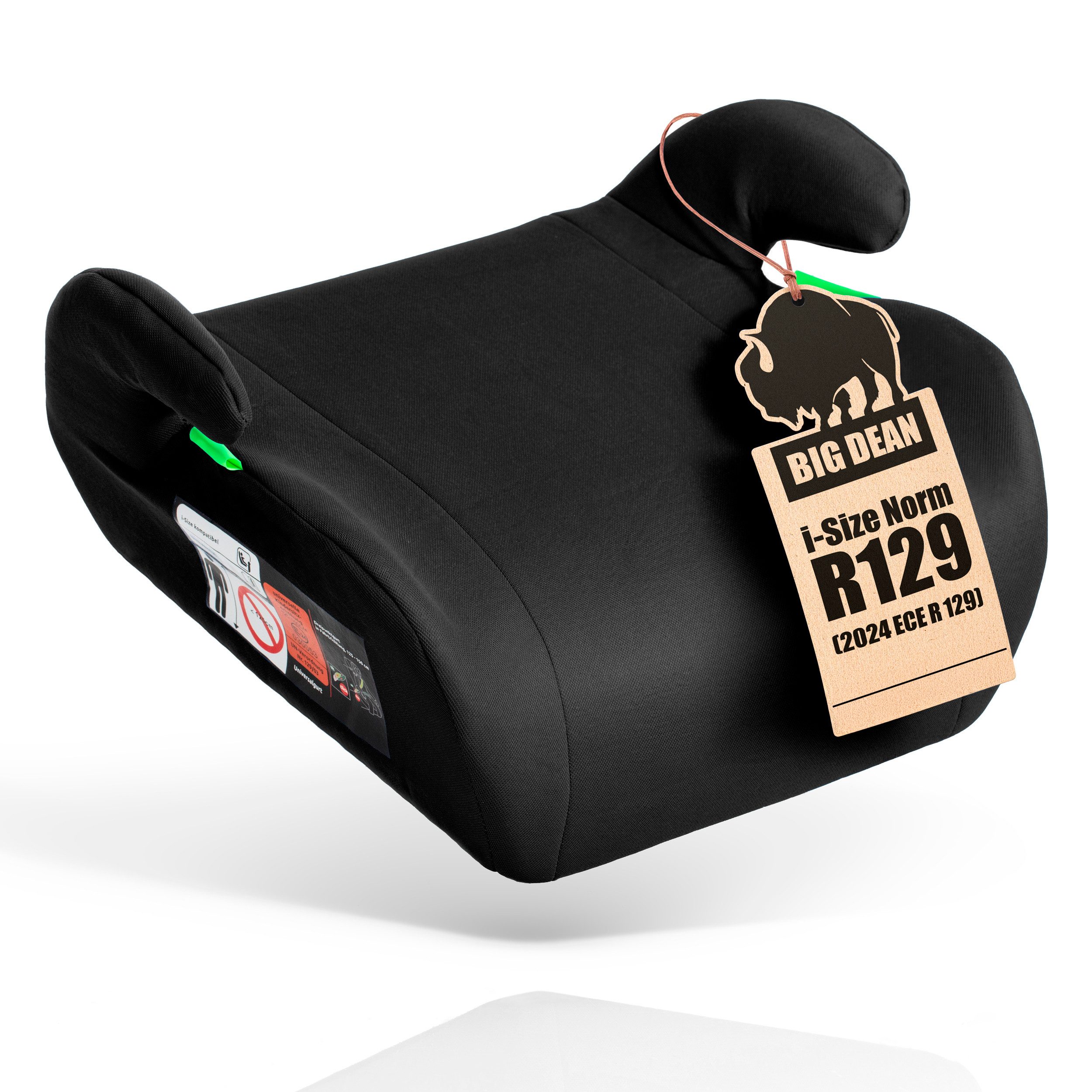 BigDean Kindersitzerhöhung Kindersitzerhöhung nach neuster i-Size Norm R129 Schwarz, ab: 6, bis: 12, ab: 125 cm, bis: 150 cm, (Packung, 1-tlg), i-size norm gerecht, Robuster HDPE, Angenehme Polsterung, 3-punkt-gurt