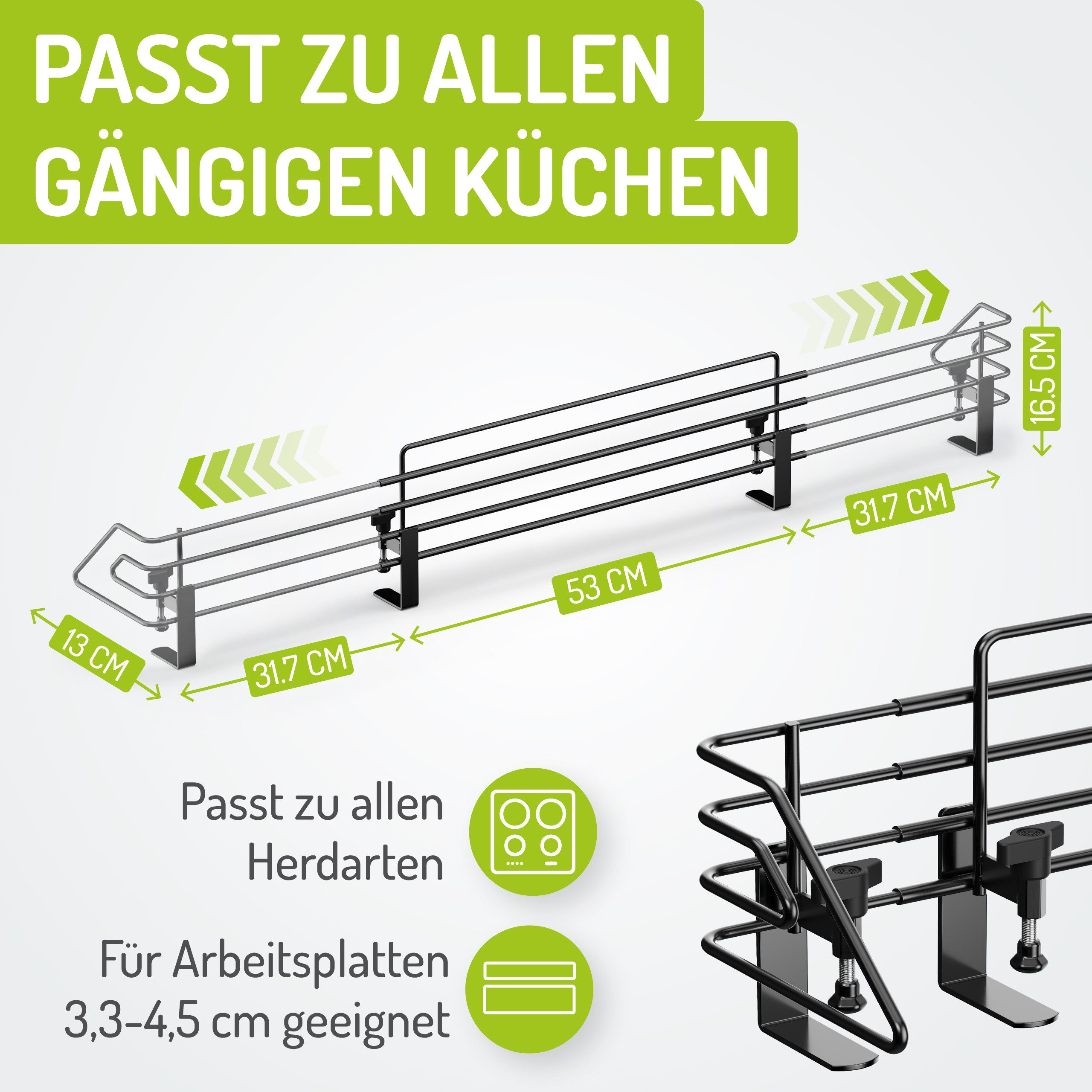 BOMI Herdschutzgitter Herdsicherung Mowi 64-110 cm zum Klemmen, Herd Gitter Schutz Ohne Bohren - Spülmaschinenfest - Rostfrei