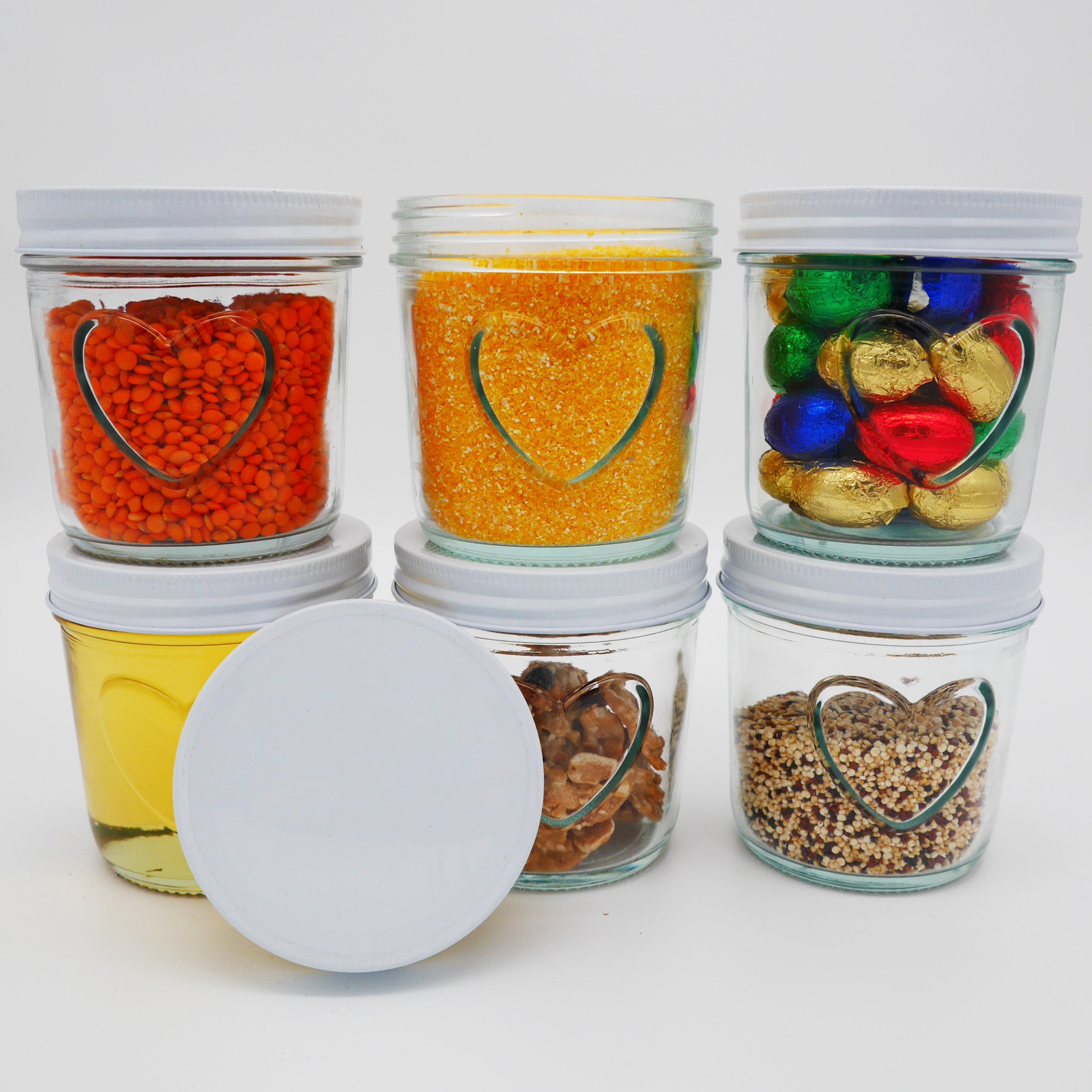 megusta! Einmachglas mit Herz, 300 ml, Marmeladengläser Meal Prep Overnight Oats Bonbons, (6er Set), Einfrieren und Backen, + Etiketten zum Beschriften