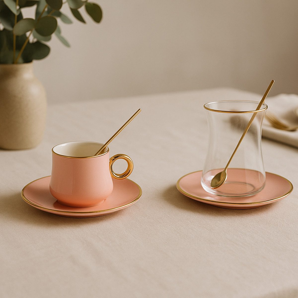 Bricard Teeglas - Espresso Set 24 teilig inkl. Untertasse und Löffel Rosa Gold