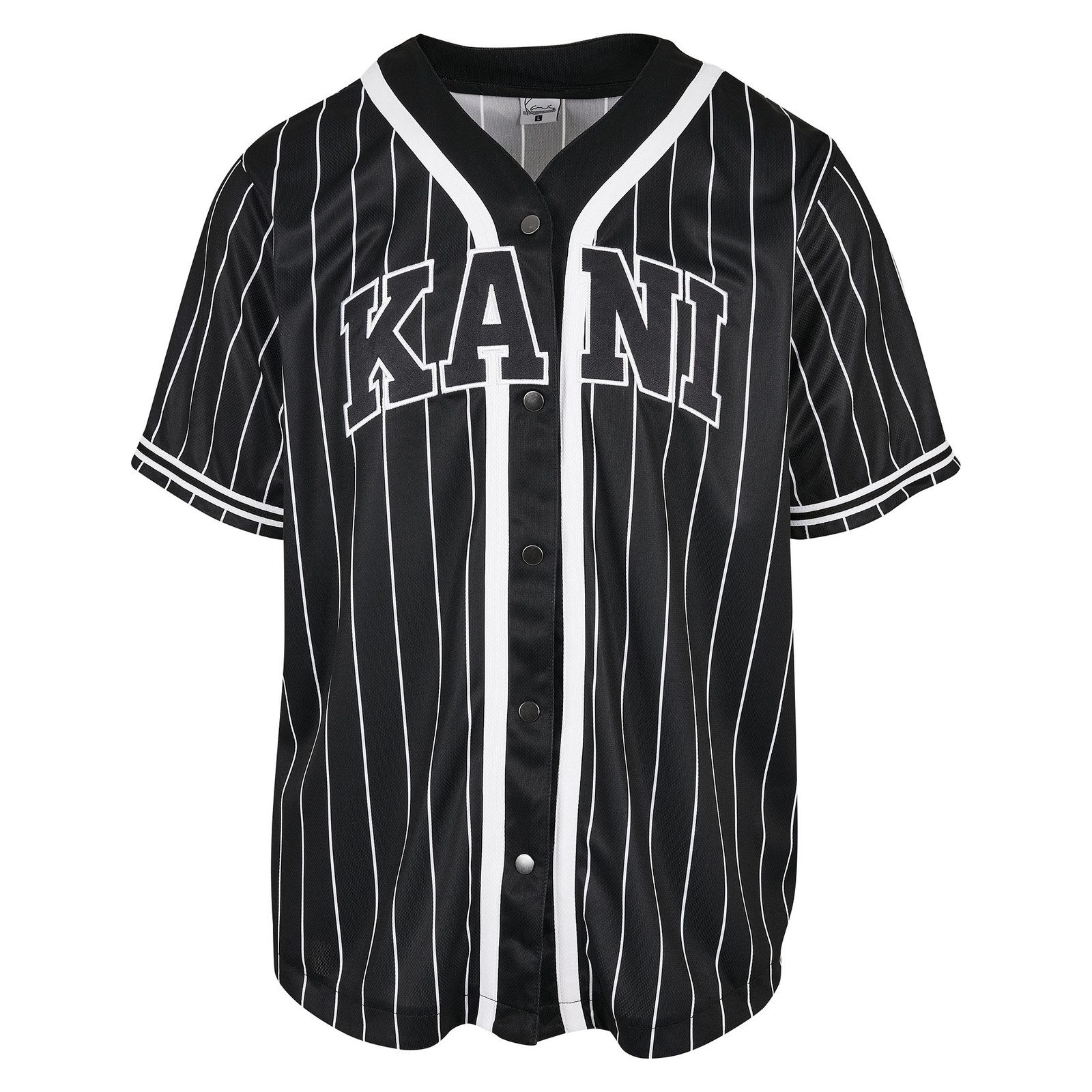 Karl Kani Kurzarmhemd Serif Pinstripe Baseball Shirt mit plakativem Markenlogo und Streifen