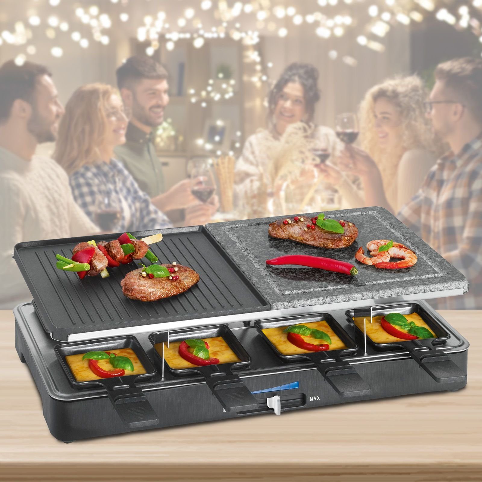 bmf-versand Raclette Raclette 8 Personen Tischgrill Elektrogrill Heißer Stein, 8 Raclettepfännchen, 1400,00 W, 2in1: Raclette, Heißer Stein und Tischgrill, Thermostat