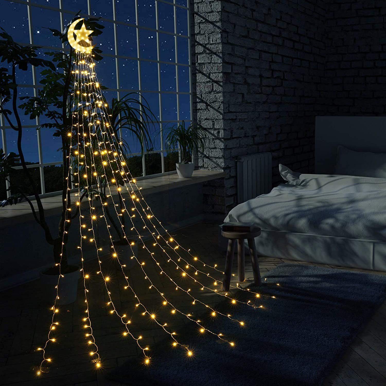 Sunicol LED-Baummantel 3.4M 8 Mond Garten, 350 Wasserfall 31V Modi, und Stern Warmweiß- mit Beleuchtung,Außen Weihnachtsbaum Party LED wasserdicht Energiesparen
