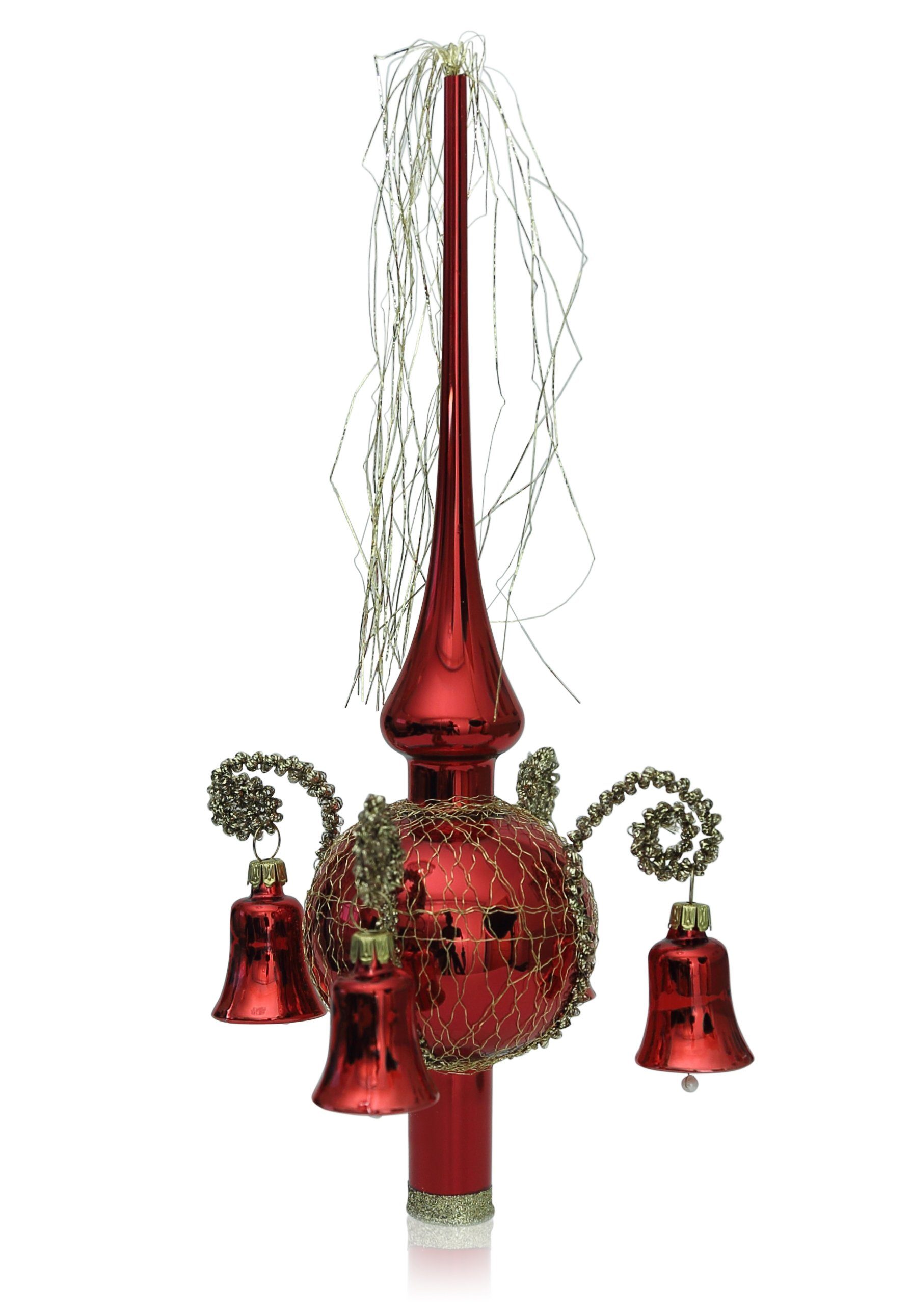 Lauschaer Glas Christbaumspitze Weihnachtsbaumspitze mit klingenden Glöckchen, mit Leonischem Draht, mundgeblasen, handdekoriert, handbemalt, in Lauscha hergestellt rot glanz