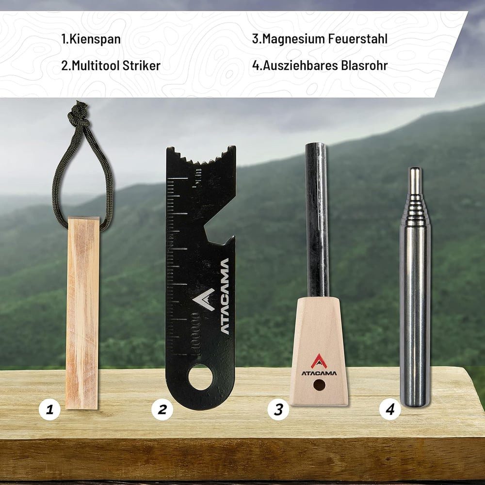 Atacama Stabanzünder Firestarter Survival wasserfest 7 tlg, Camping Outdoor Feuerstahl Blasrohr Feuerstein ewiges Streichholz