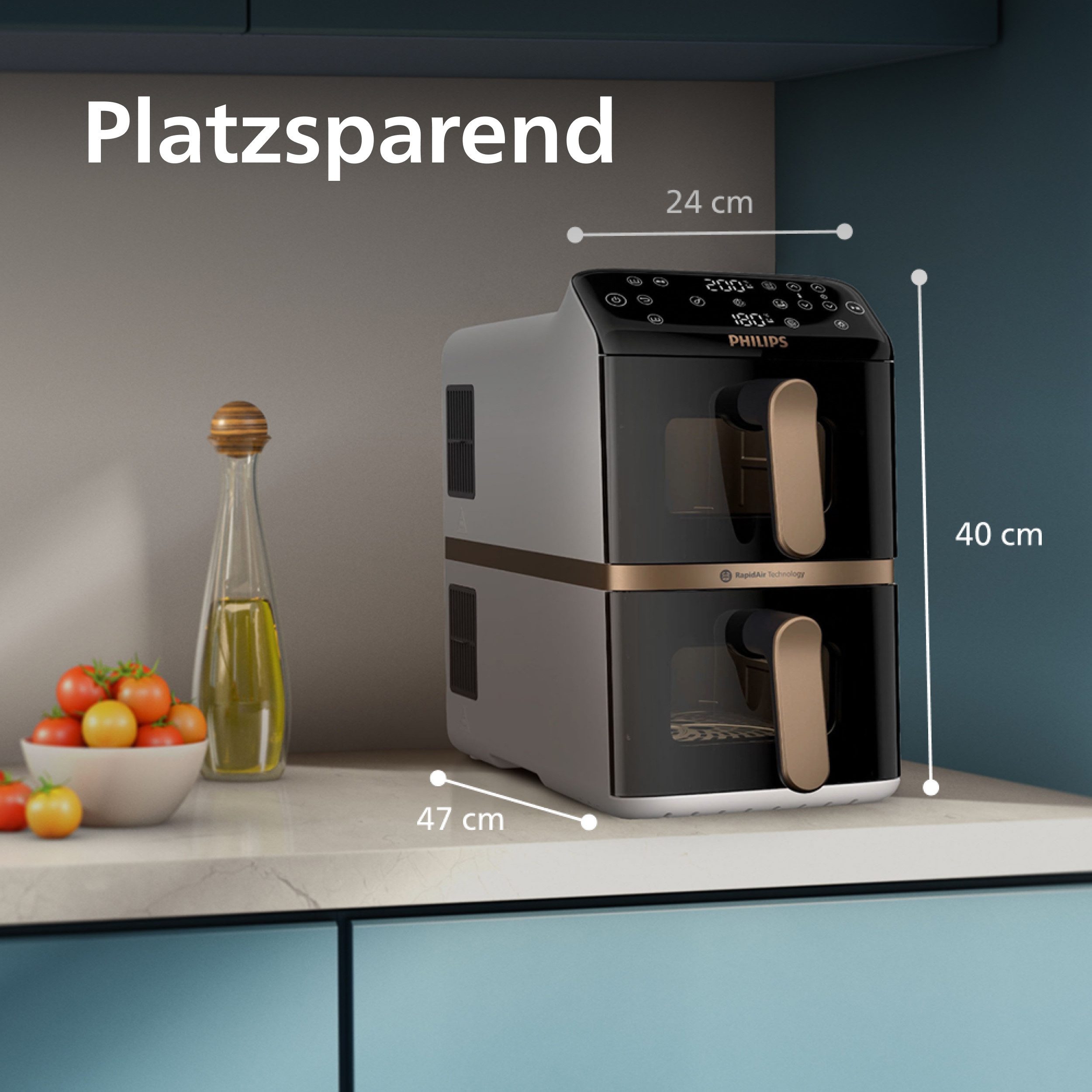 Philips Heißluftfritteuse NA462/80 4000 Series Stacked Dual Basket und 10L Kapazität (5+5L), 2750 W, RapidAir Technologie, Schwarz/Dunkelgrau, kupfer Griff – Bild 5 von 5