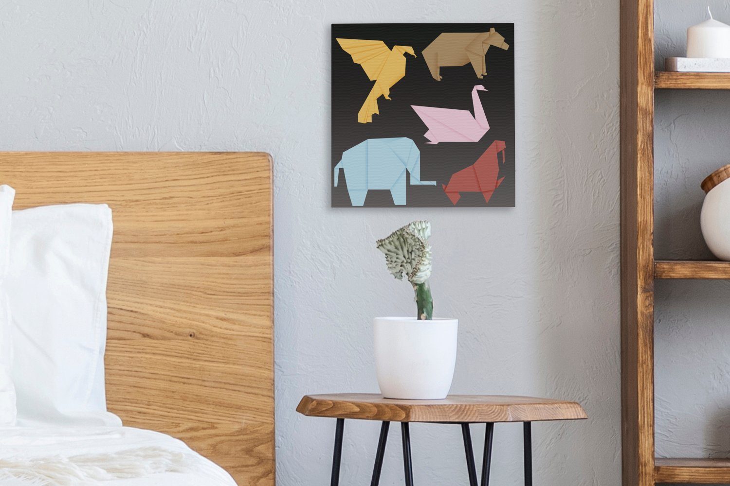 OneMillionCanvasses® Leinwandbild Eine Illustration verschiedener Schlafzimmer Leinwand (1 St), für Wohnzimmer gefaltet Tiere, im Origami-Stil, Bilder