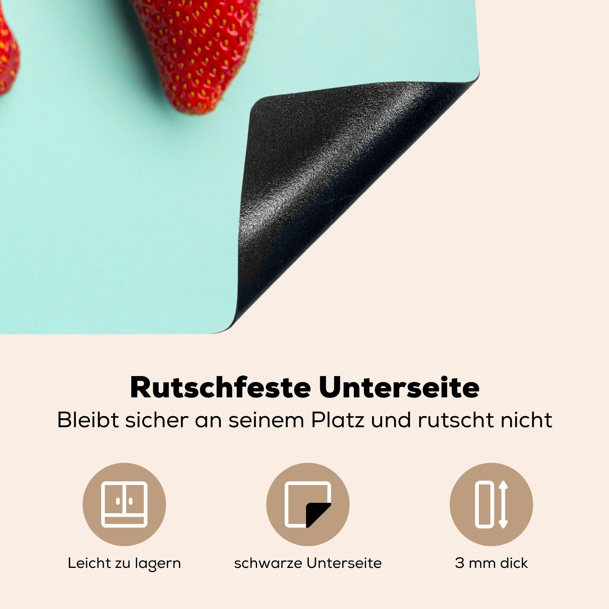 MuchoWow Herdblende-/Abdeckplatte Erdbeere - Pastell küche, - die (1 Ceranfeldabdeckung tlg), Induktionskochfeld Schutz Blau, für cm, Vinyl, 81x52