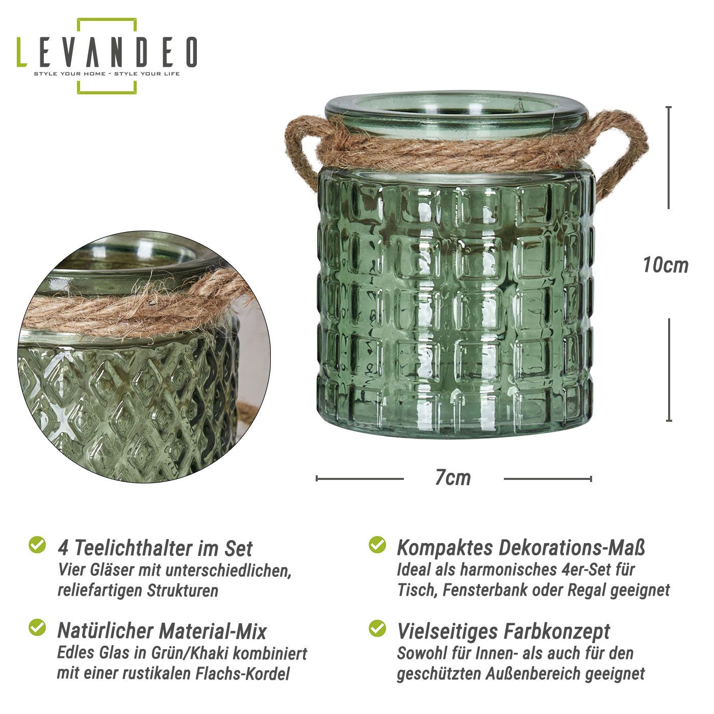 Levandeo® Teelichthalter, 4er Set Windlicht Glas Grün Khaki H10cm Teelichthalter Tischdeko