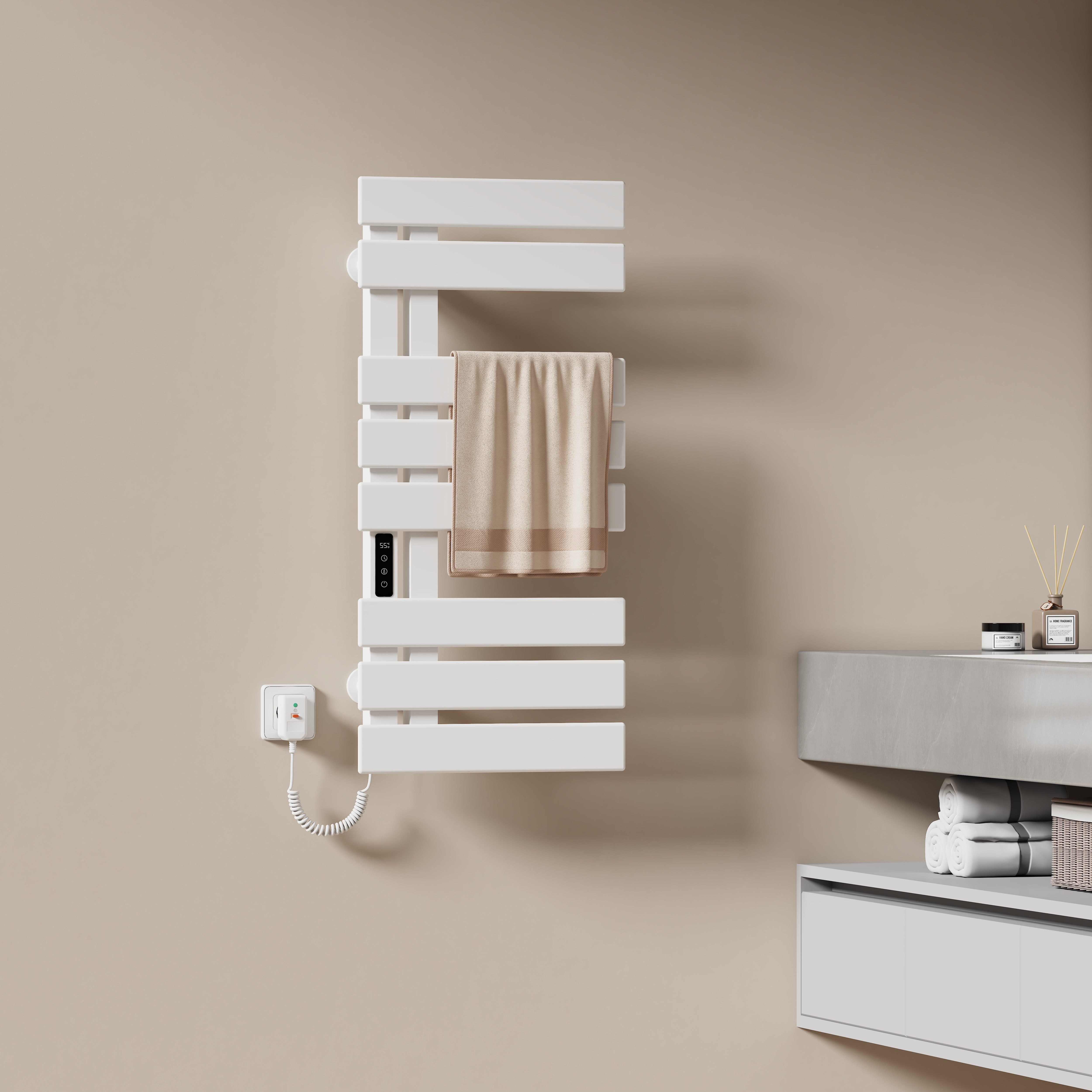 EMKE Elektrischer Badheizkörper mit Smart Thermostat WiFi/APP-Steuerung Timer Link/recht Anschluss, Handtuchtrockner Flach Badheizkörper Links 850×400 mm