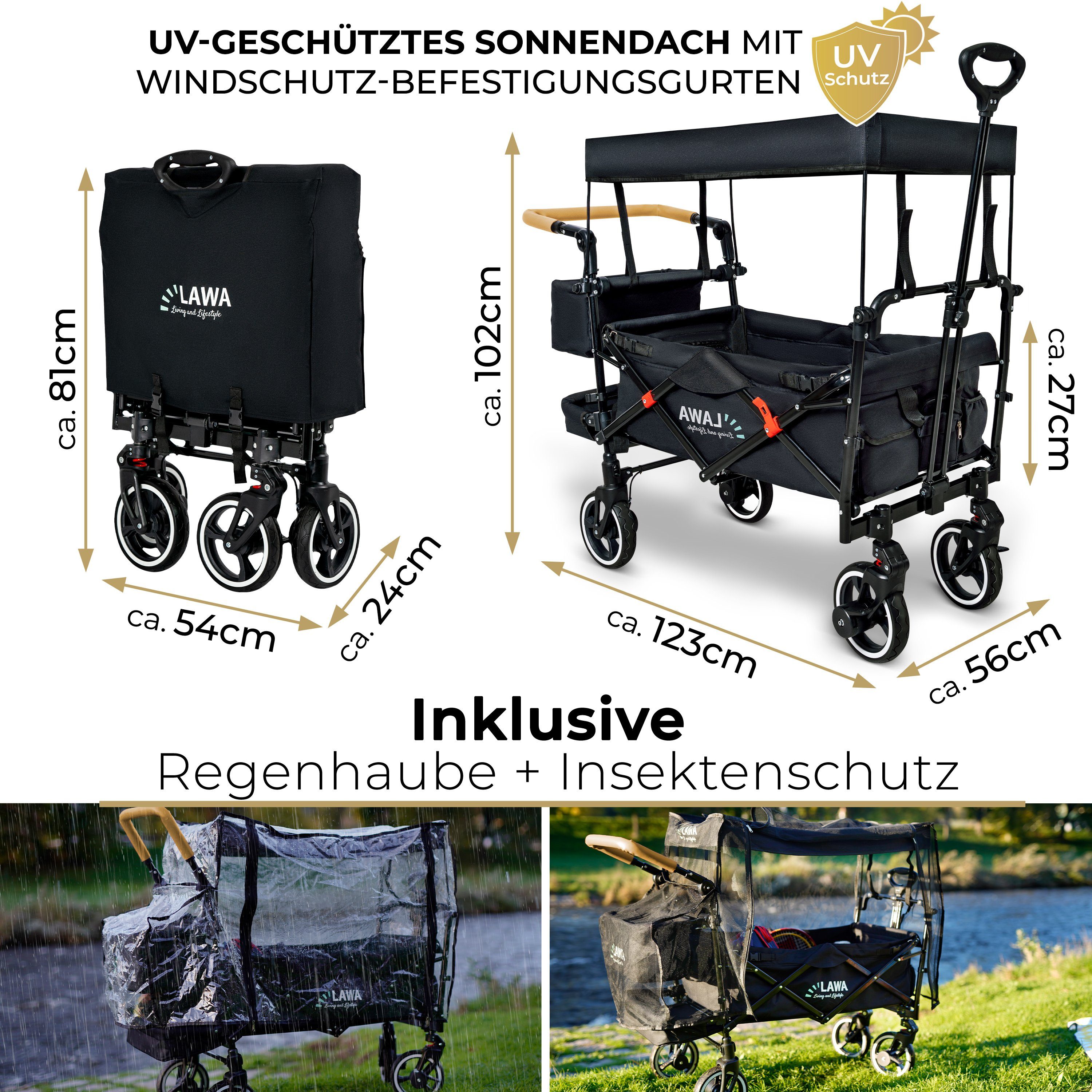 LAWA Living and Lifestyle Bollerwagen mit Dach für Kinder zum sitzen Handwagen faltbar zum schieben (Komplettset mit Regenhaube, Insektenschutz und Becherhalter), 80kg Tragkraft, schwarz
