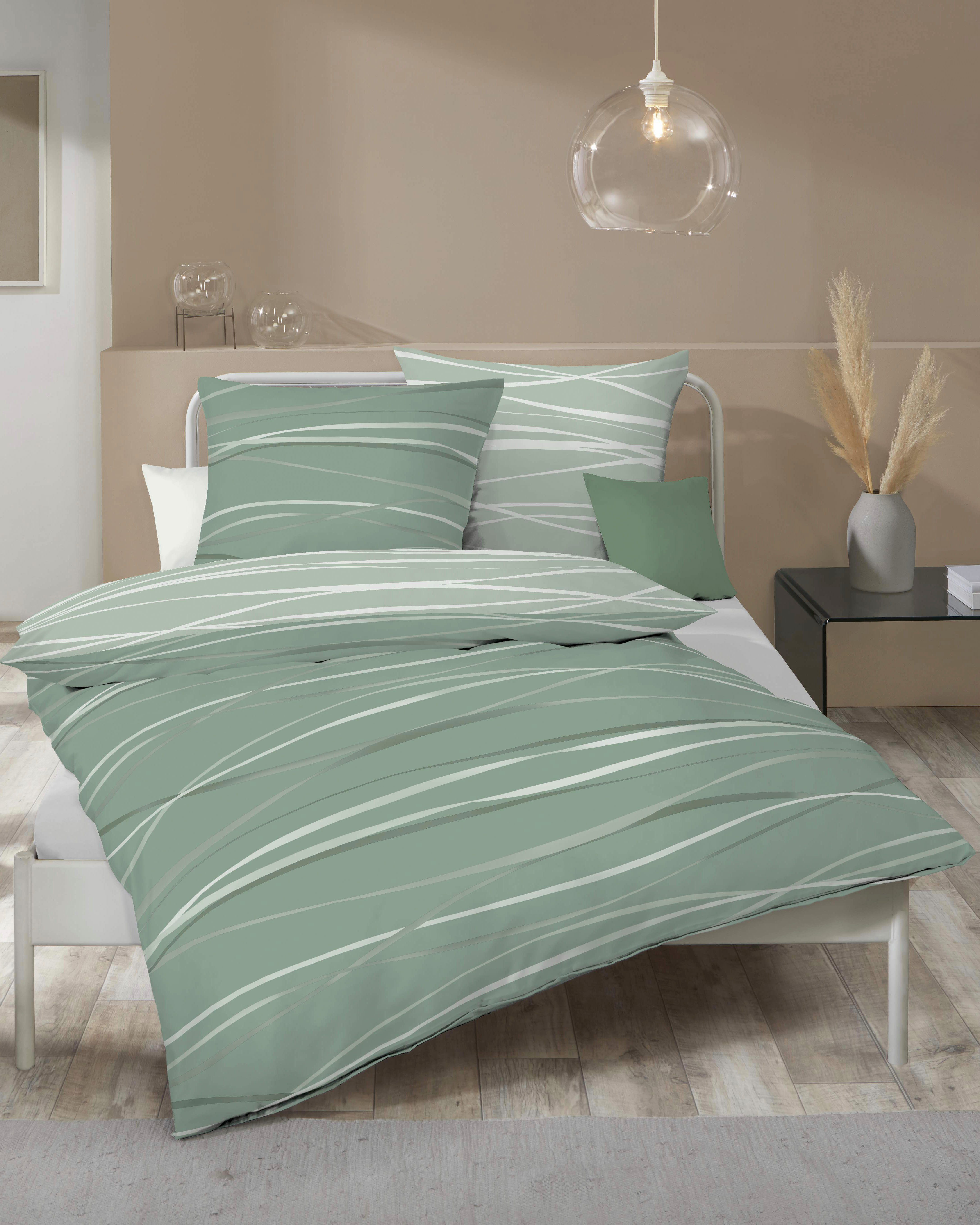 Kaeppel Wendebettwäsche MOTION 100% gekämmte Baumwolle, Mako-Satin, 2 teilig, mit feinen Wellenlinien, Markenreißverschluss, Wendeoptik