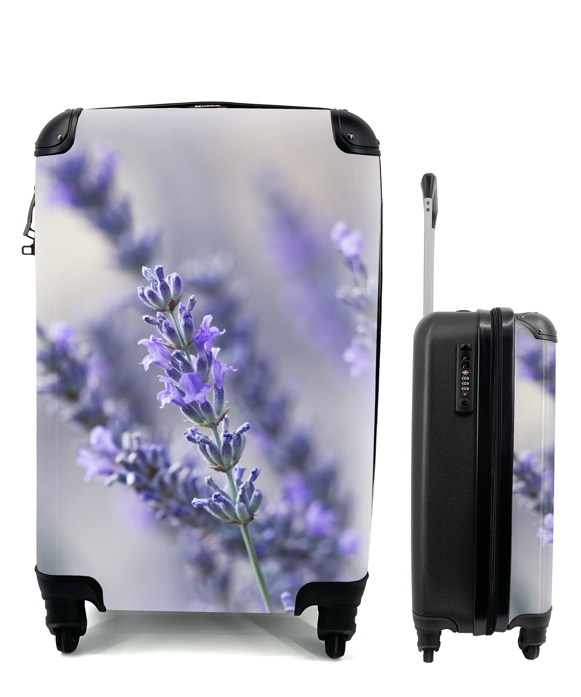 MuchoWow Handgepäckkoffer Nahaufnahme einer lavendelfarbenen Blüte vor einem verblassten, 4 Rollen, Reisetasche mit rollen, Handgepäck für Ferien, Trolley, Reisekoffer