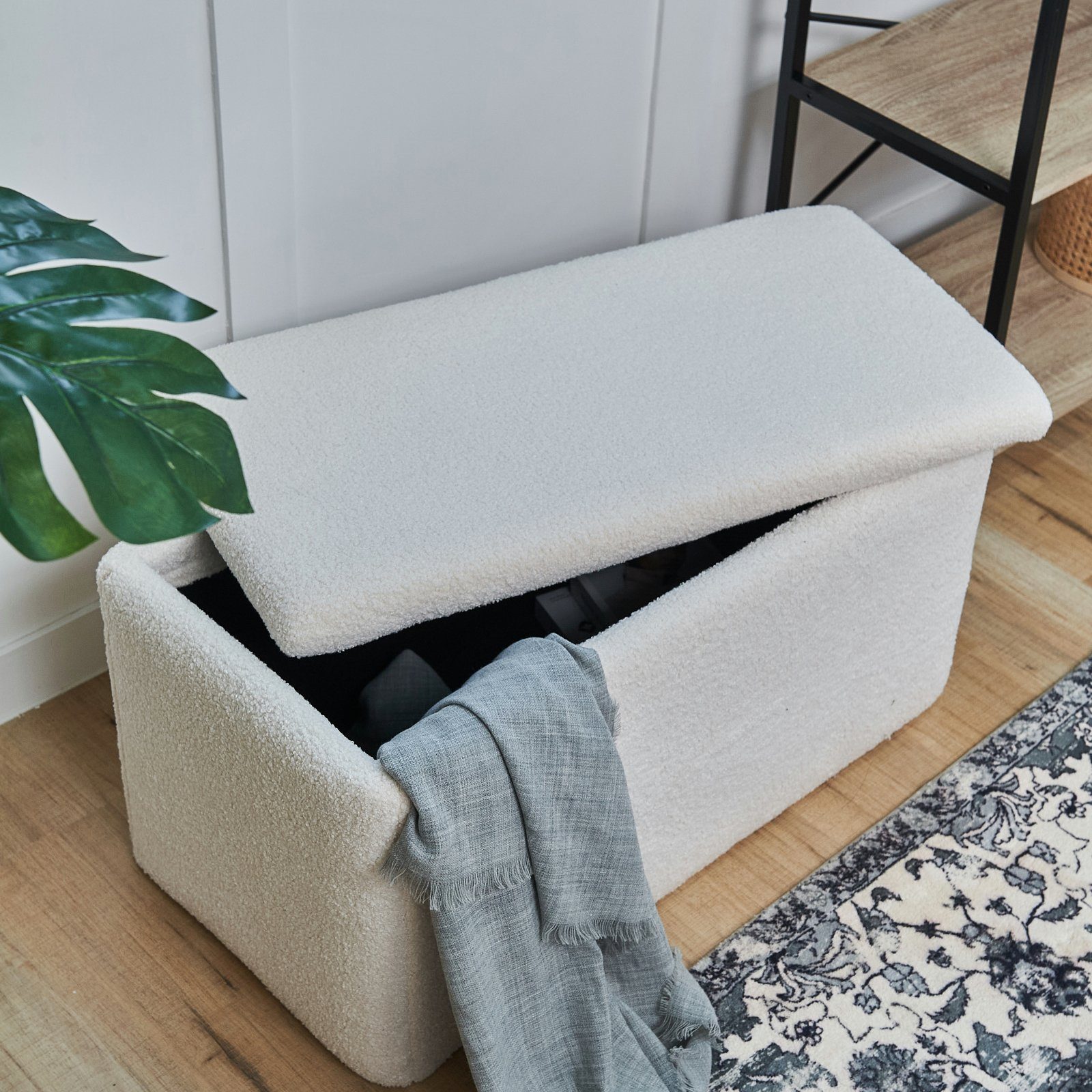 SVITA Sitzbank LEAF, Mit Stauraum, Sitztruhe, Teddy-Bouclé, Sitzbank, aufklappbar, Weiß